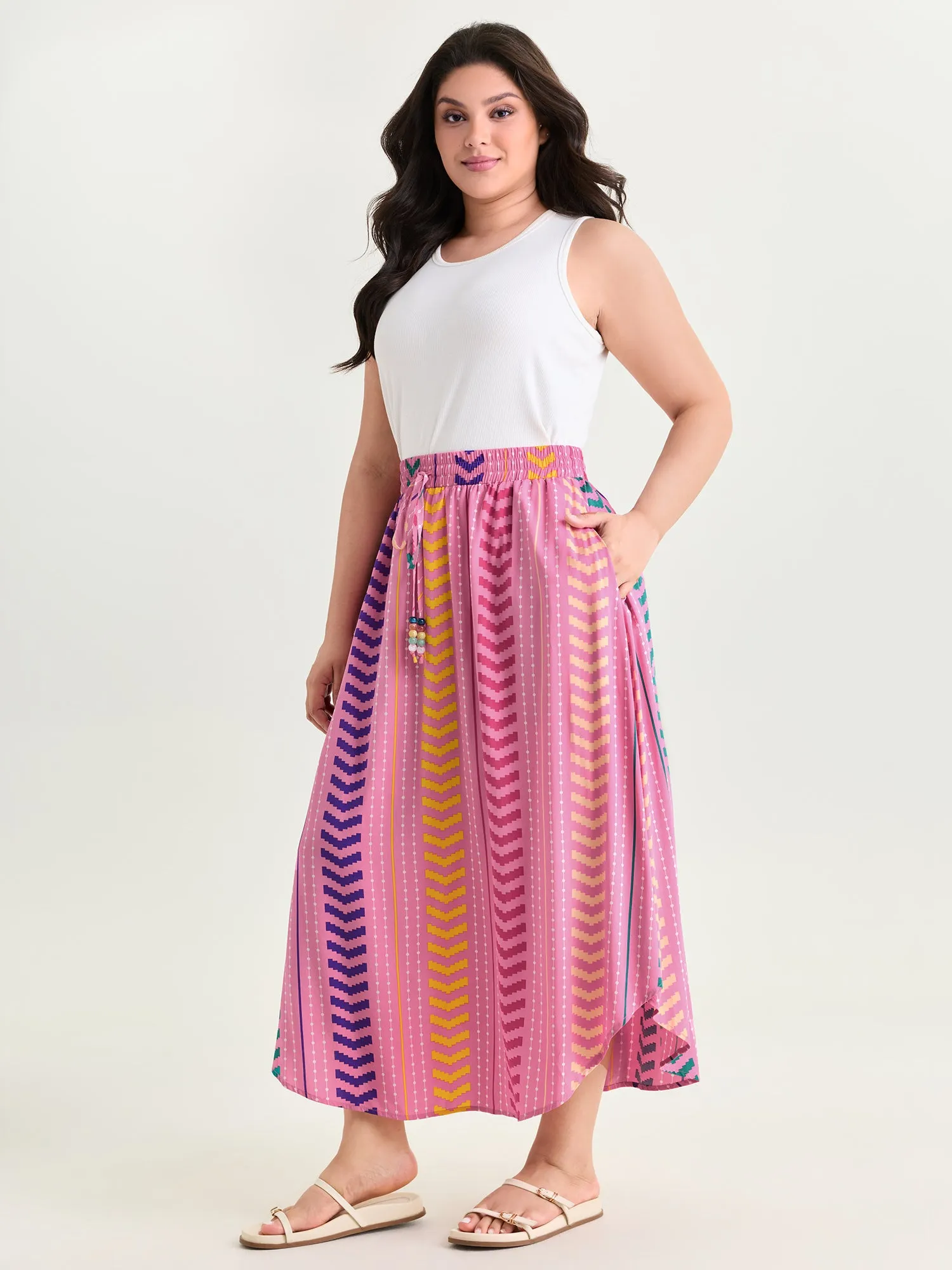 Geometric Striped Print Drawstring Maxi Skirt sold by Bloomchic