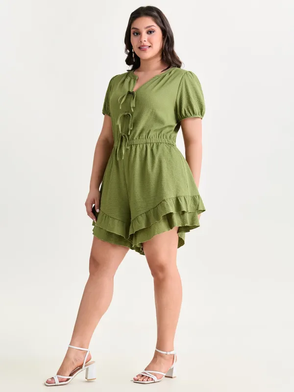 Triple Front Tie Ruffled Hem Romper made by Bloomchic
