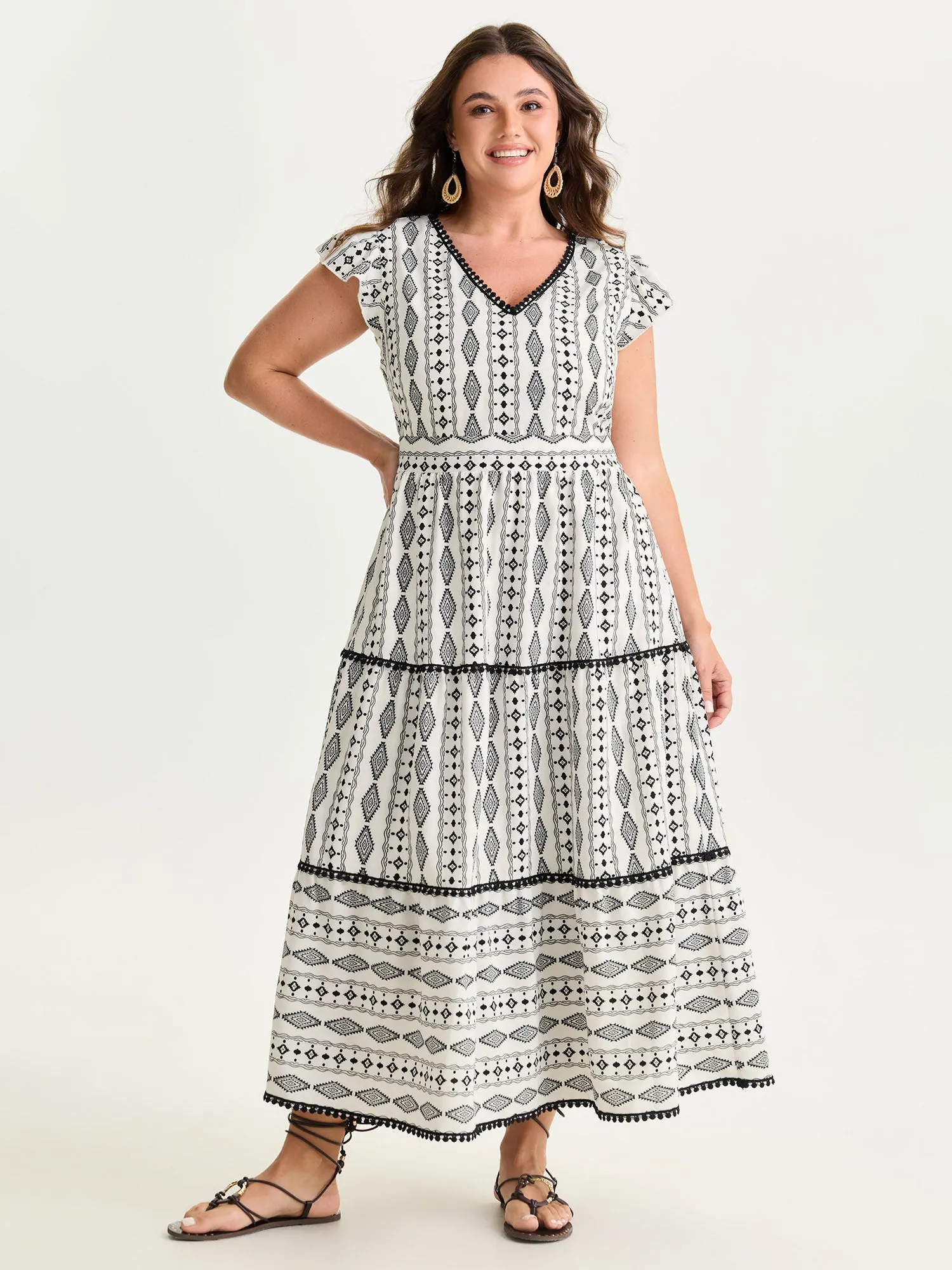 Geometric Print Lace Trim Tiered Maxi Dress sold by Bloomchic