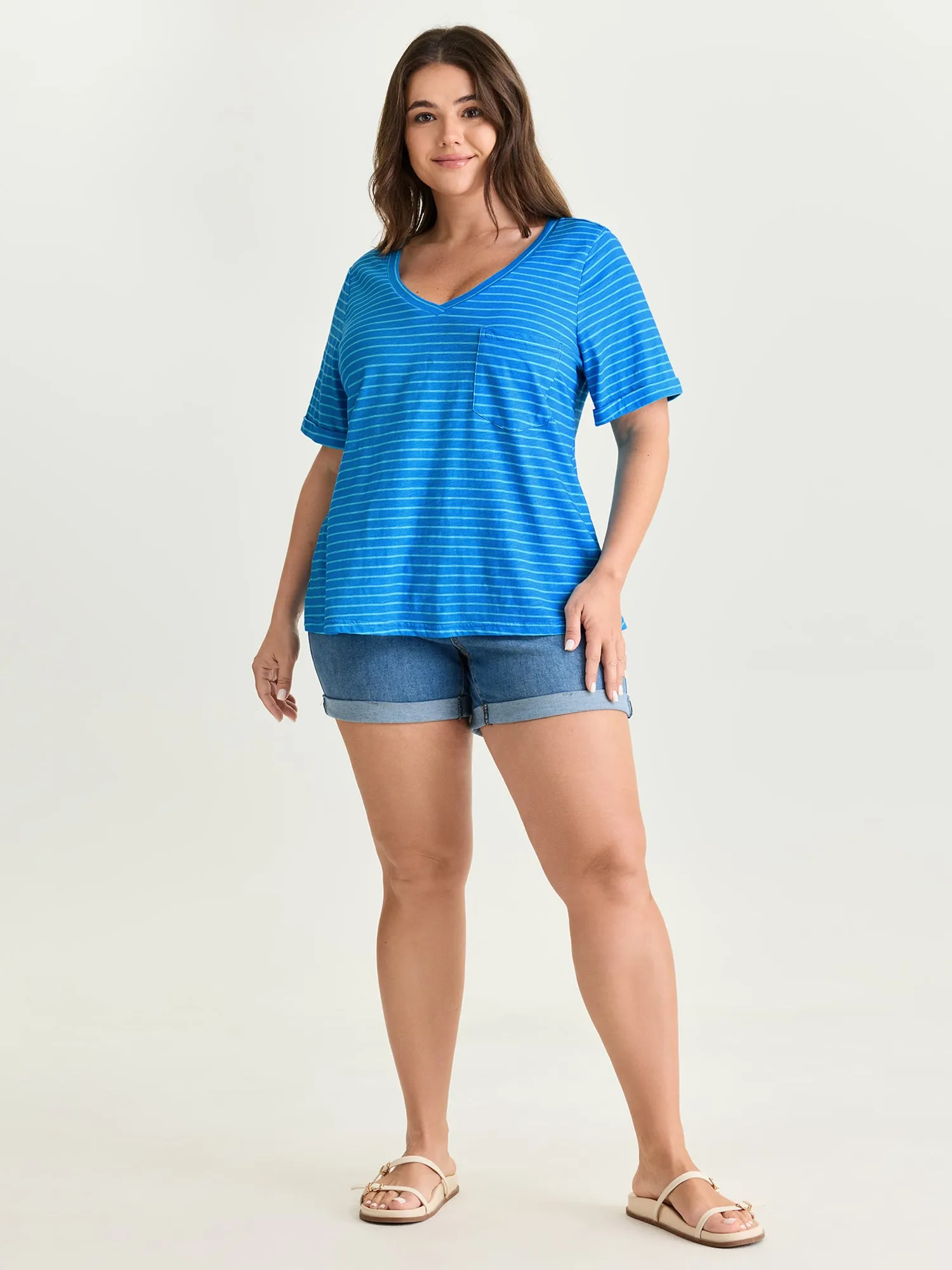Cotton Stretchy Striped Print V-Neck T-Shirt sold by Bloomchic product image thumbnail 3