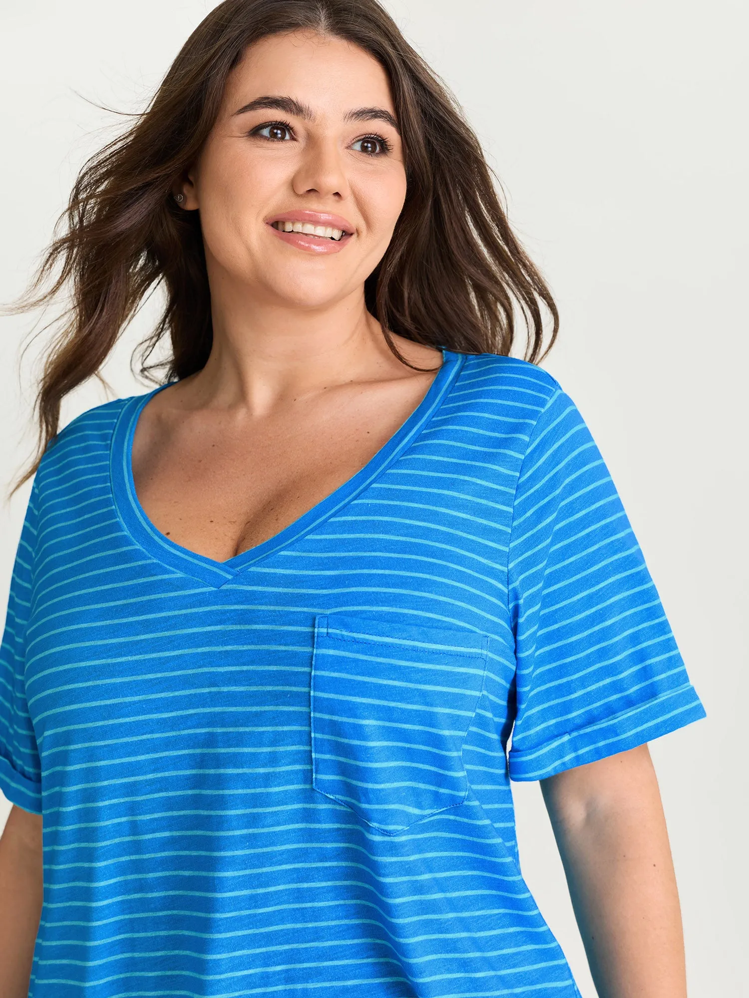 Cotton Stretchy Striped Print V-Neck T-Shirt sold by Bloomchic product image thumbnail 2