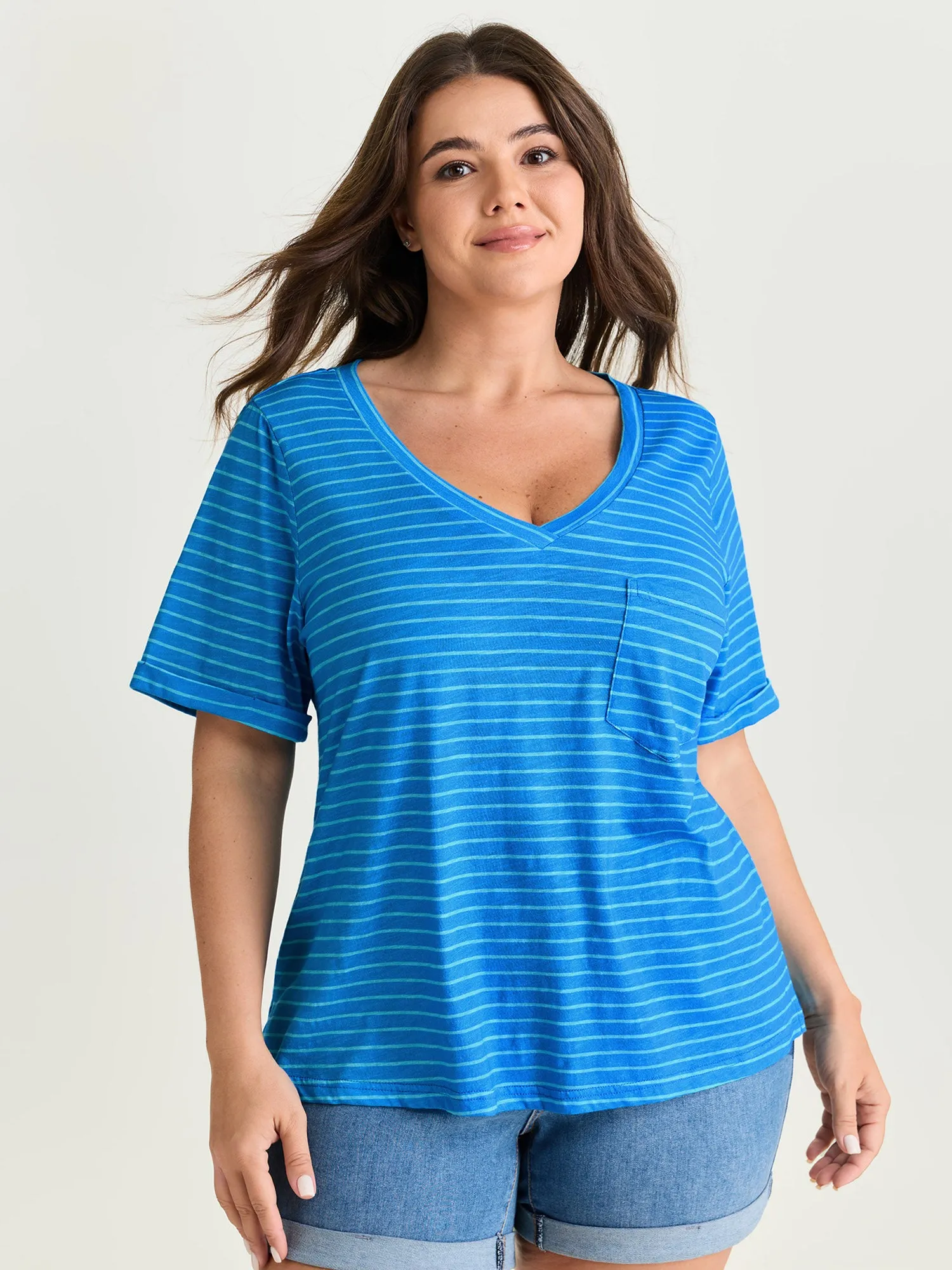Cotton Stretchy Striped Print V-Neck T-Shirt sold by Bloomchic