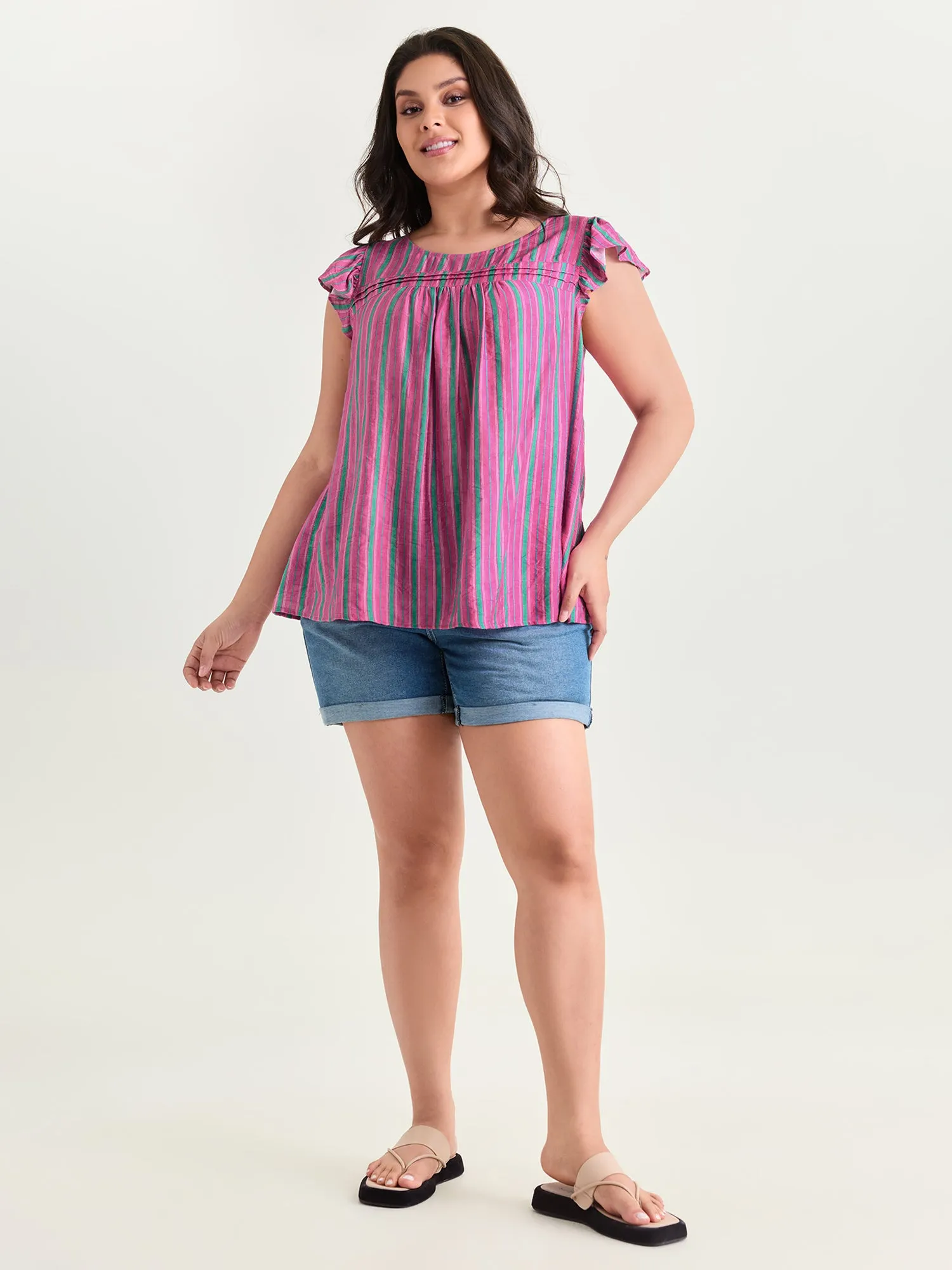 Colorful Striped Print Flutter Sleeve Blouse sold by Bloomchic product image thumbnail 3
