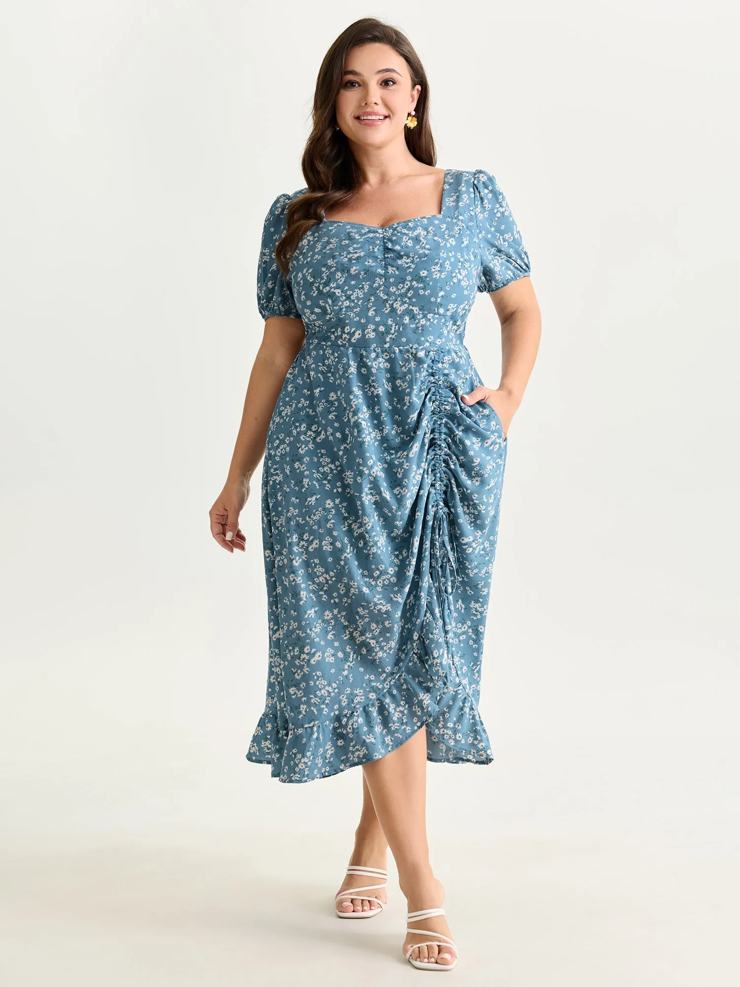 Floral Print Ruched Adjustable Drawstring Hem Midi Dress sold by Bloomchic product image thumbnail 3