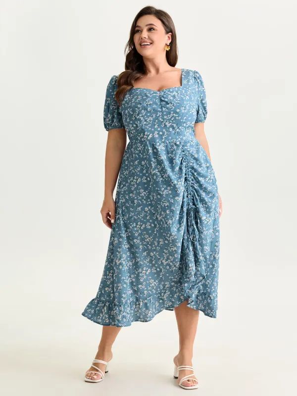 Floral Print Ruched Adjustable Drawstring Hem Midi Dress made by Bloomchic