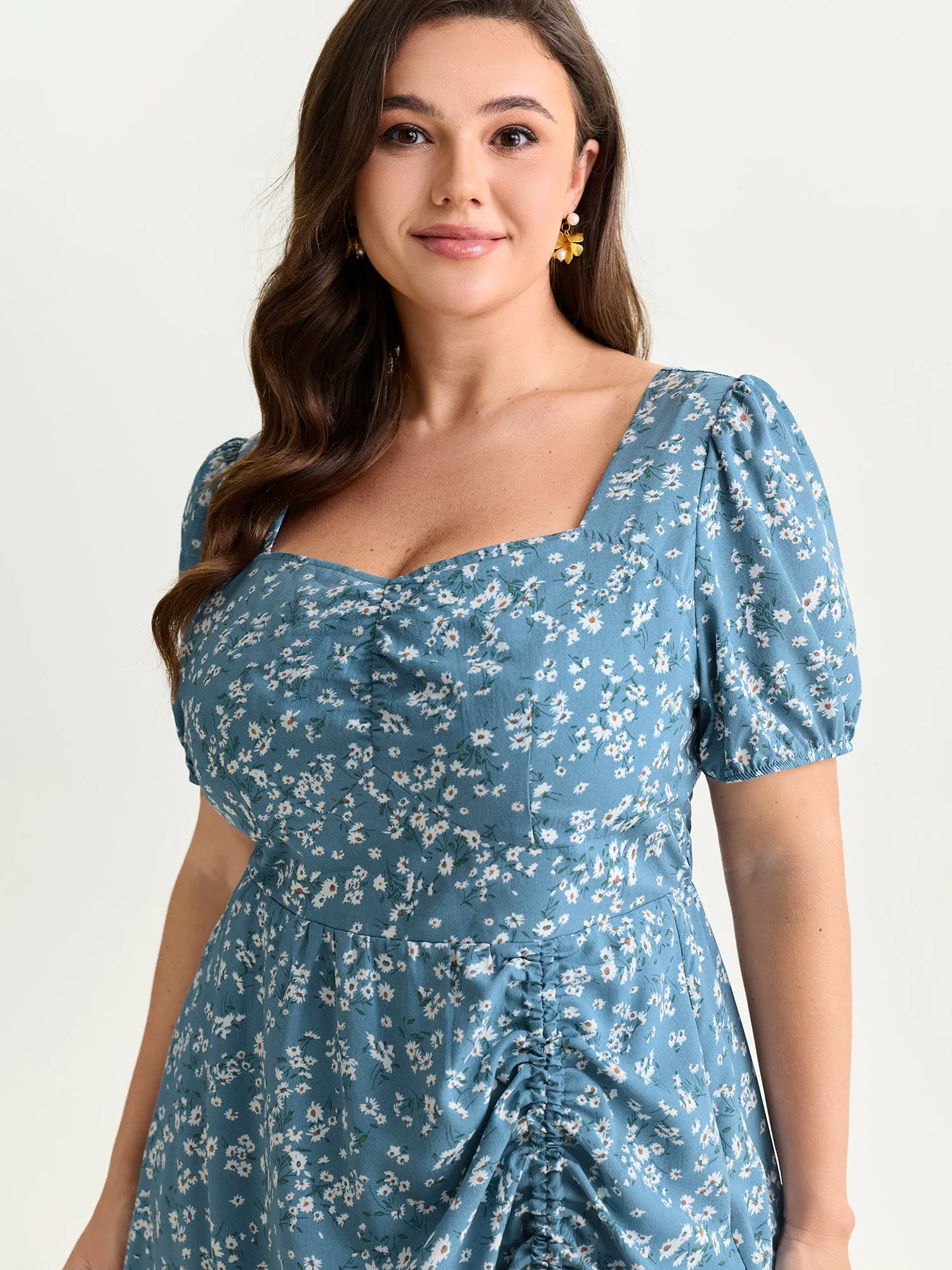 Floral Print Ruched Adjustable Drawstring Hem Midi Dress sold by Bloomchic product image thumbnail 2