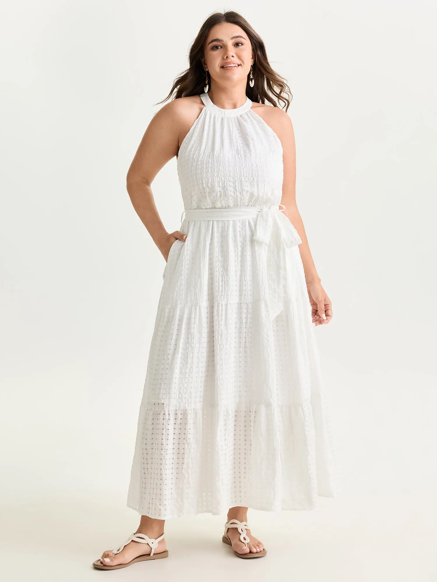 Textured Halter Neckline Tiered Midi Dress sold by Bloomchic product image thumbnail 3