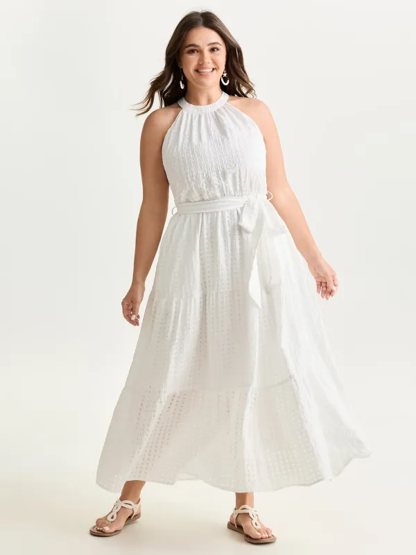 Textured Halter Neckline Tiered Midi Dress made by Bloomchic