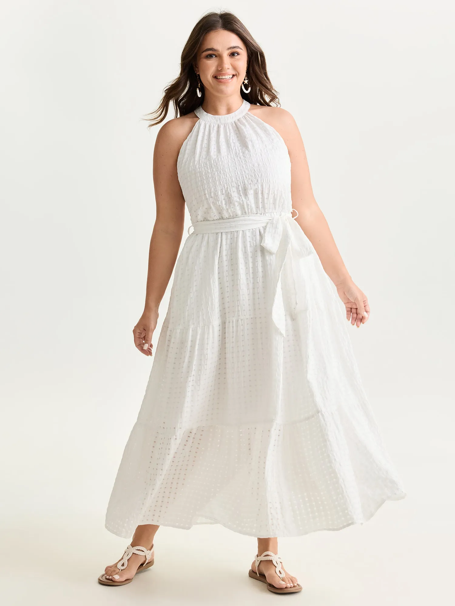 Textured Halter Neckline Tiered Midi Dress sold by Bloomchic
