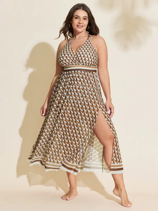 Geometric Print Sheer Split Hem One-Piece Swimsuit made by Bloomchic