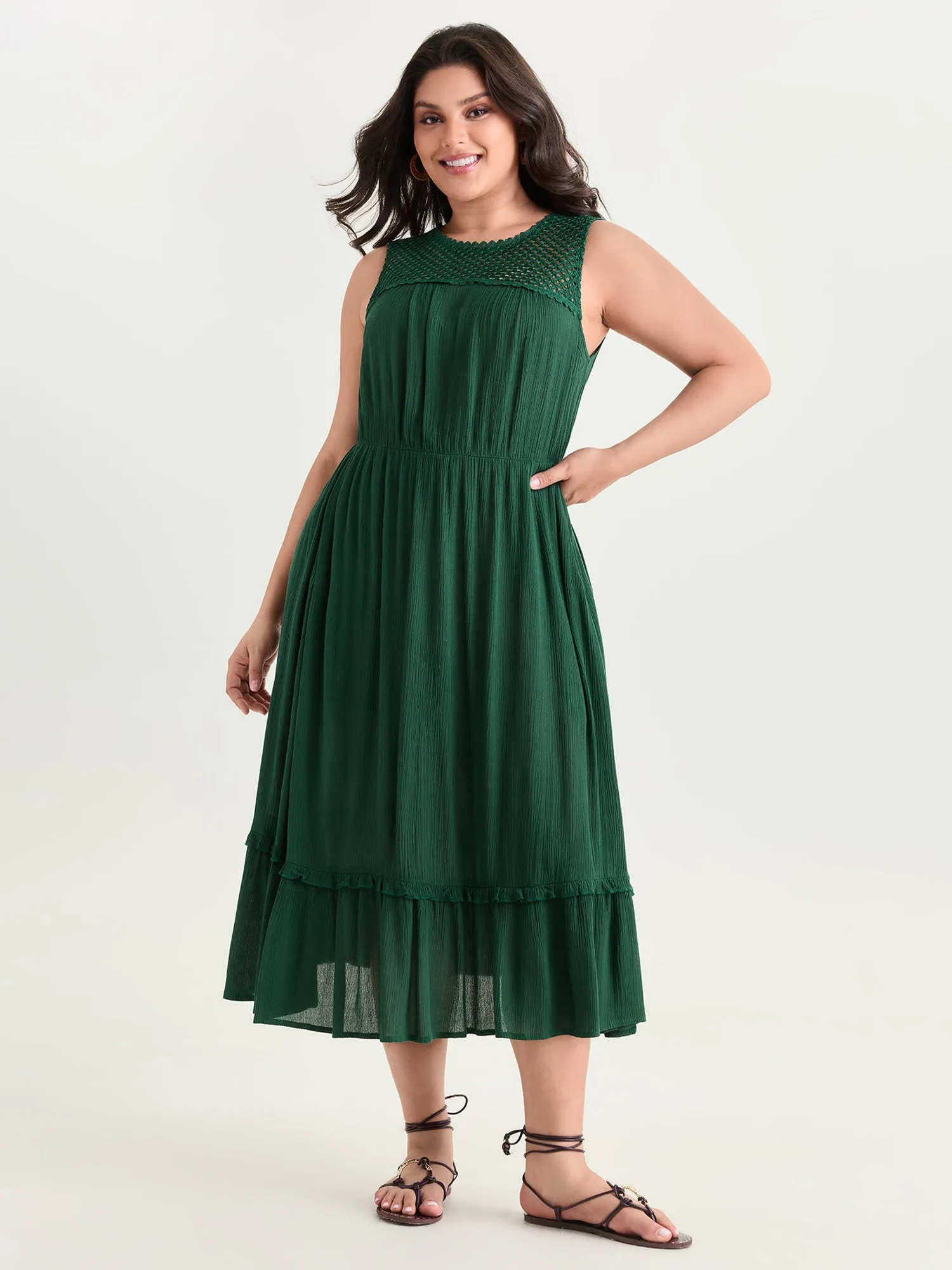 Sheer Neckline Ruffled Hem Midi Dress sold by Bloomchic