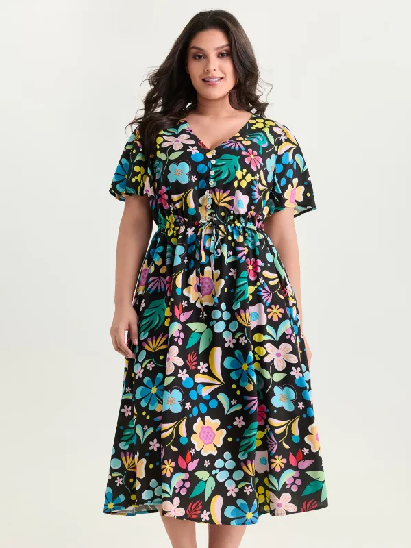 Bright Floral Print Flared Sleeve Midi Dress made by Bloomchic