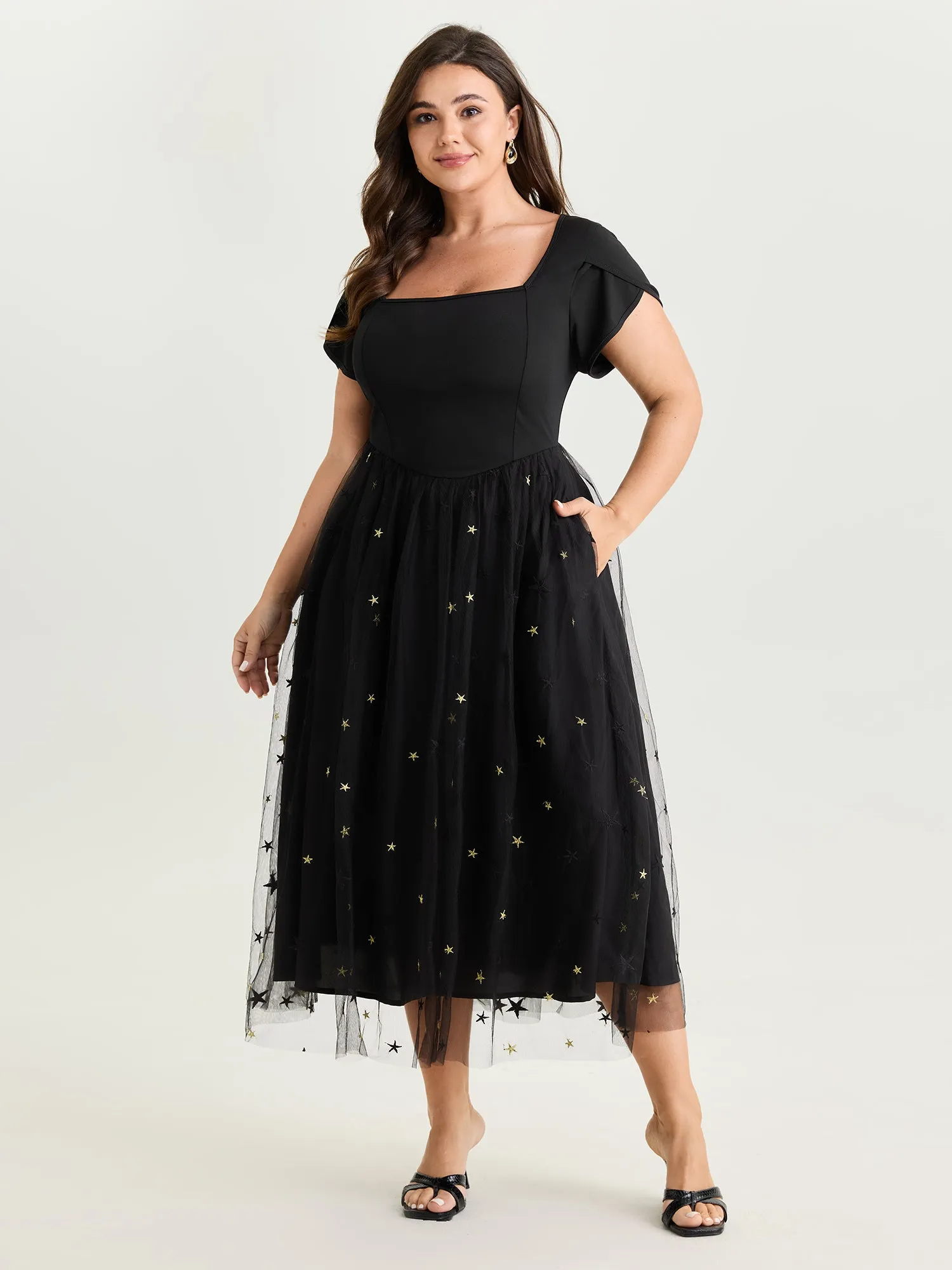 Star Embroidered Square Neckline Midi Dress sold by Bloomchic product image thumbnail 3
