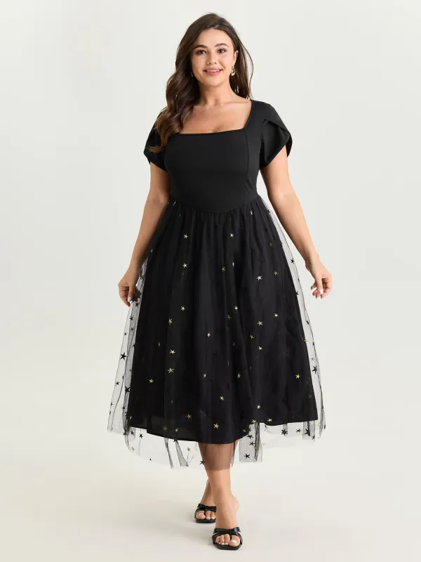 Star Embroidered Square Neckline Midi Dress made by Bloomchic