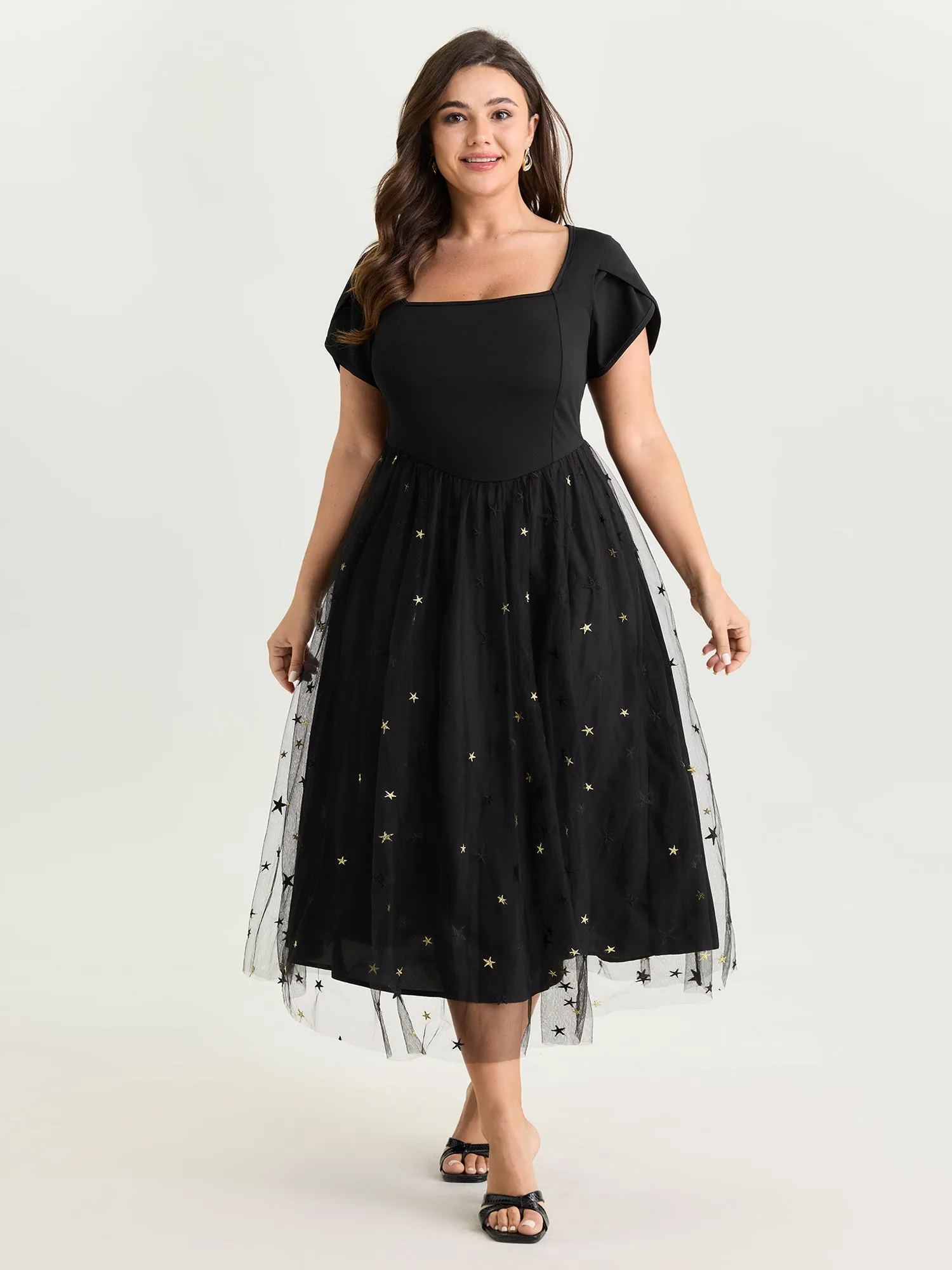 Star Embroidered Square Neckline Midi Dress sold by Bloomchic