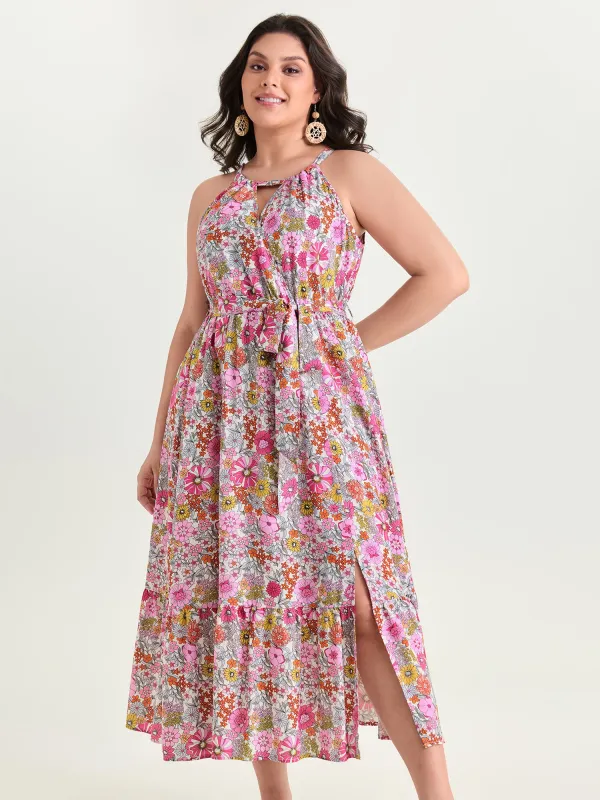 Floral Print Halter Neckline Waist-Tie Maxi Dress made by Bloomchic