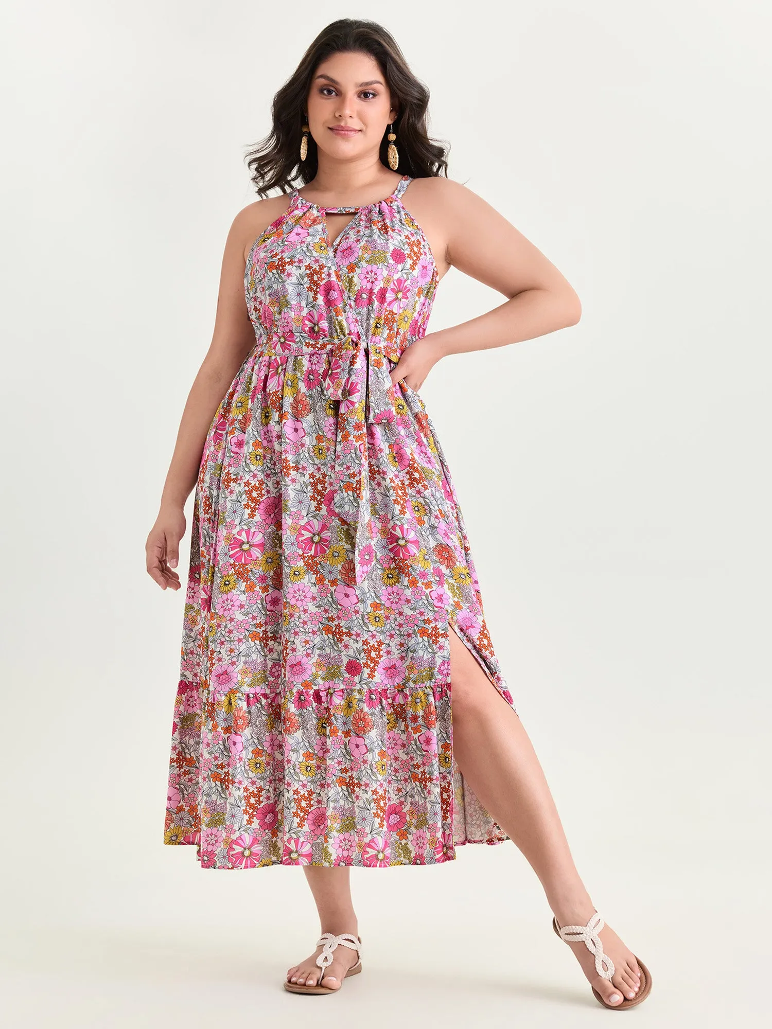 Floral Print Halter Neckline Waist-Tie Maxi Dress sold by Bloomchic product image thumbnail 3