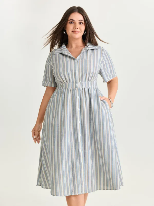 Cotton Linen Blend Striped Print Midi Dress made by Bloomchic