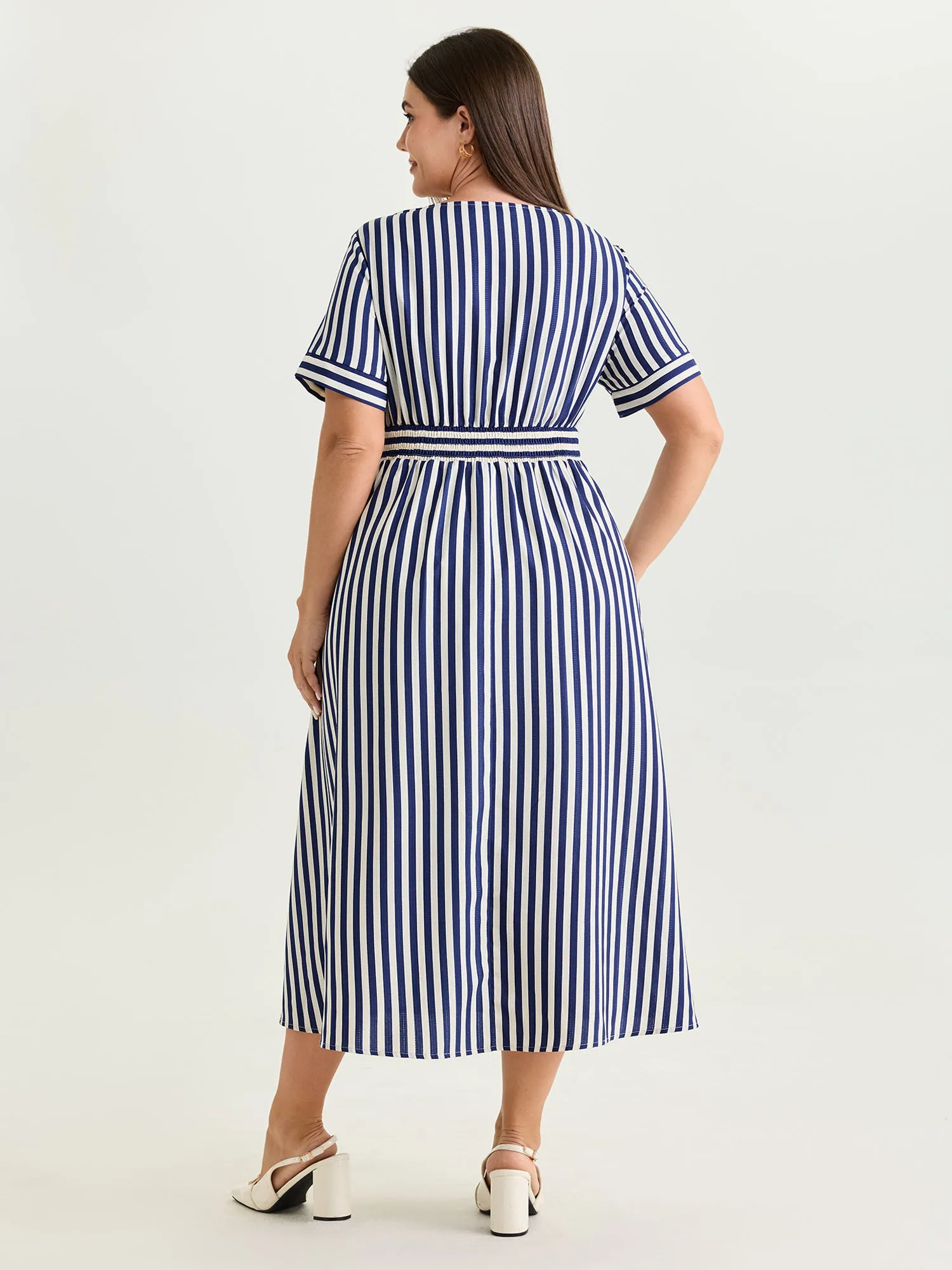 Striped Print Shirred Button Detail Midi Dress sold by Bloomchic product image thumbnail 5