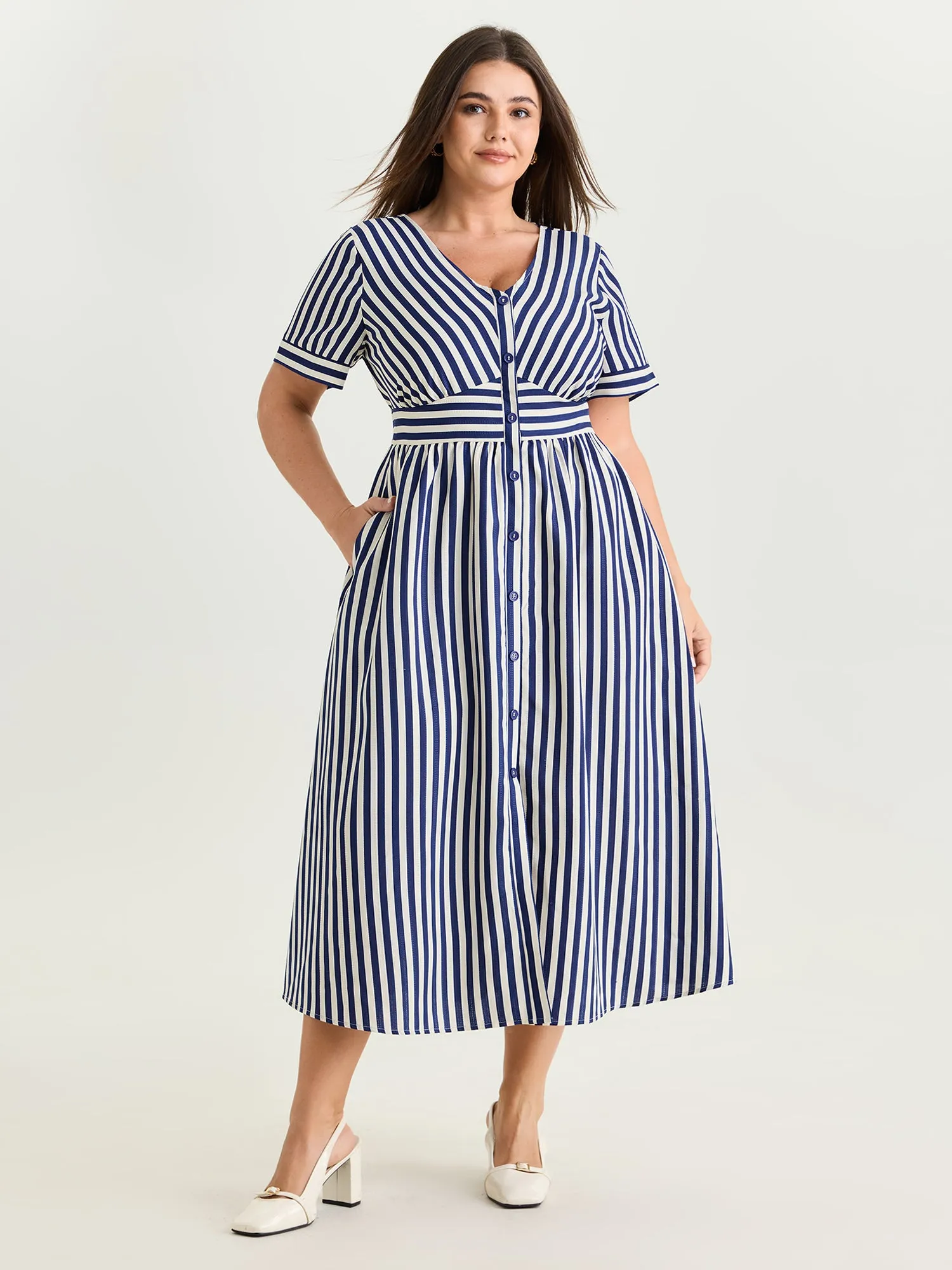 Striped Print Shirred Button Detail Midi Dress sold by Bloomchic product image thumbnail 3