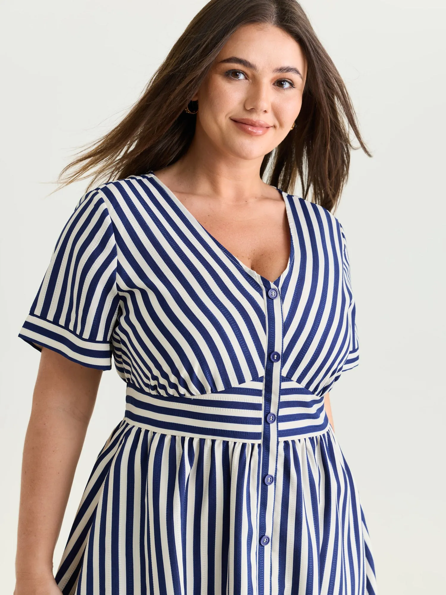 Striped Print Shirred Button Detail Midi Dress sold by Bloomchic product image thumbnail 2