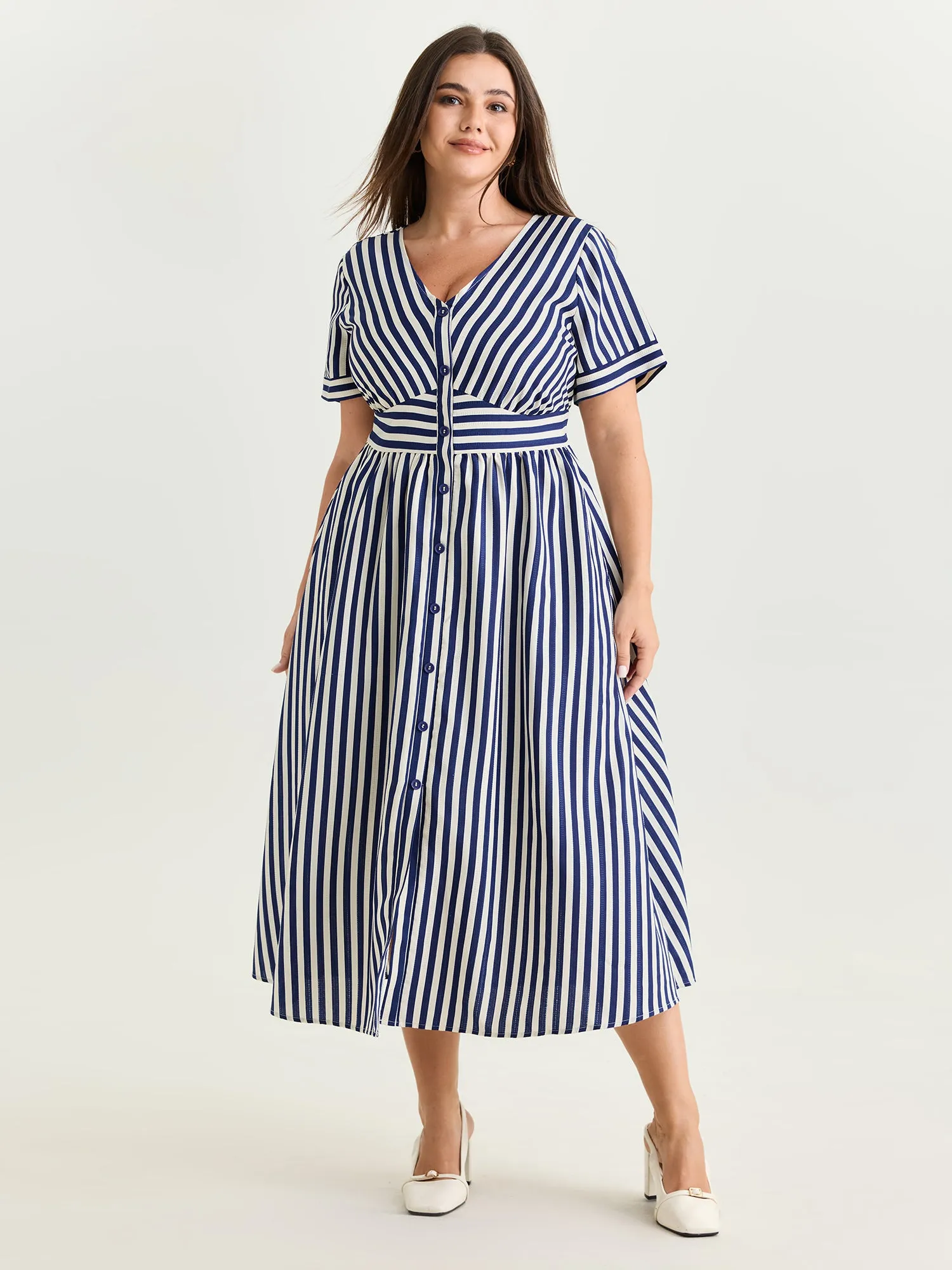 Striped Print Shirred Button Detail Midi Dress sold by Bloomchic
