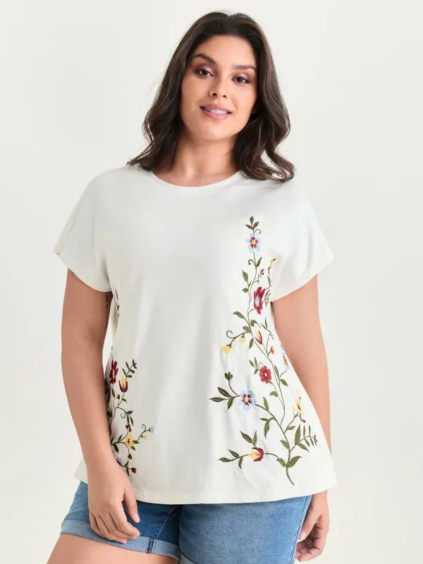 Cotton Stretchy Floral Embroidered Plain T-Shirt made by Bloomchic
