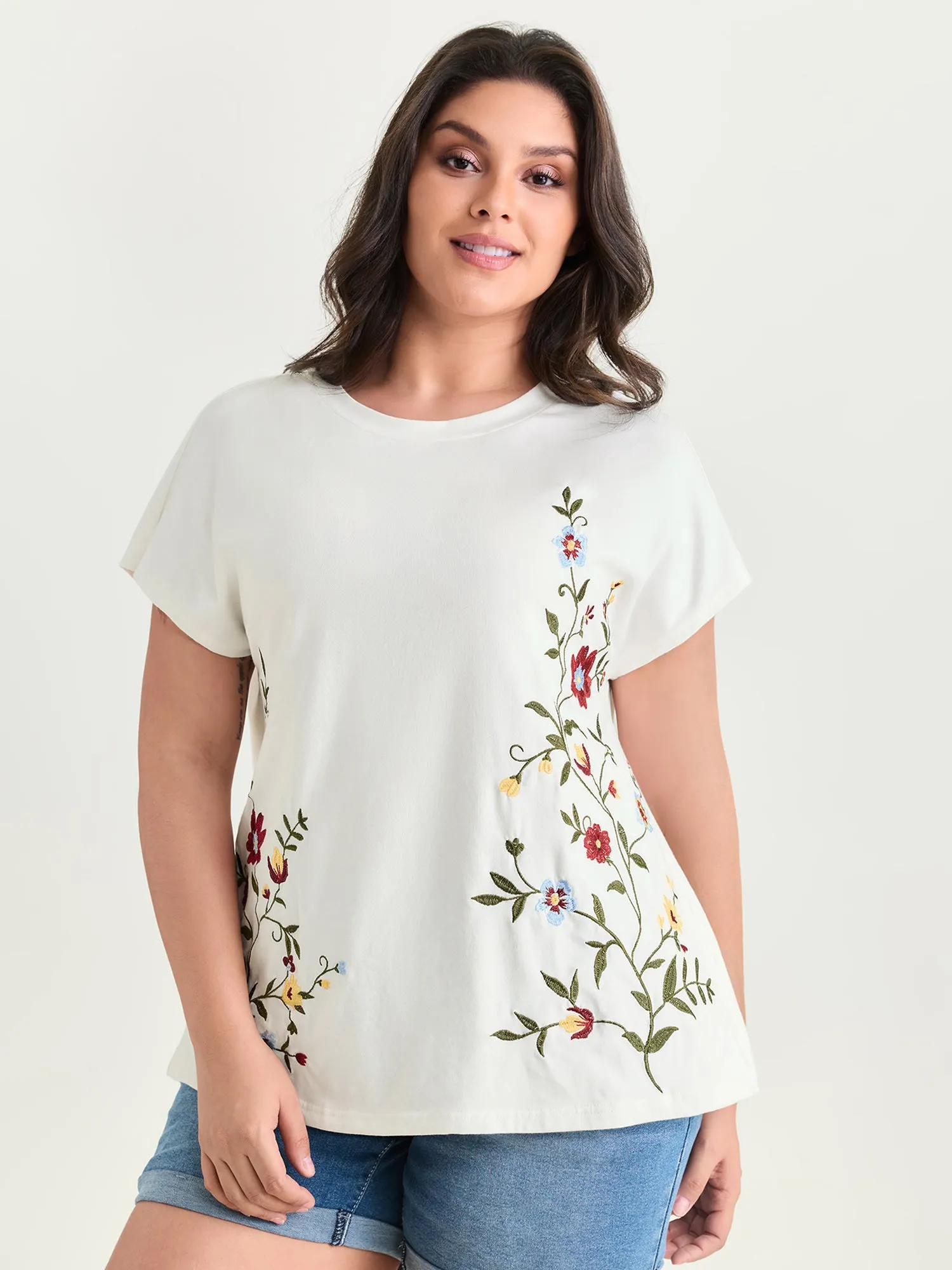 Cotton Stretchy Floral Embroidered Plain T-Shirt sold by Bloomchic