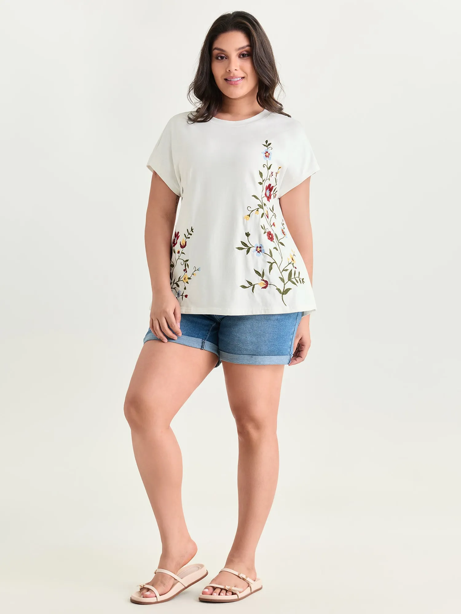 Cotton Stretchy Floral Embroidered Plain T-Shirt sold by Bloomchic product image thumbnail 3