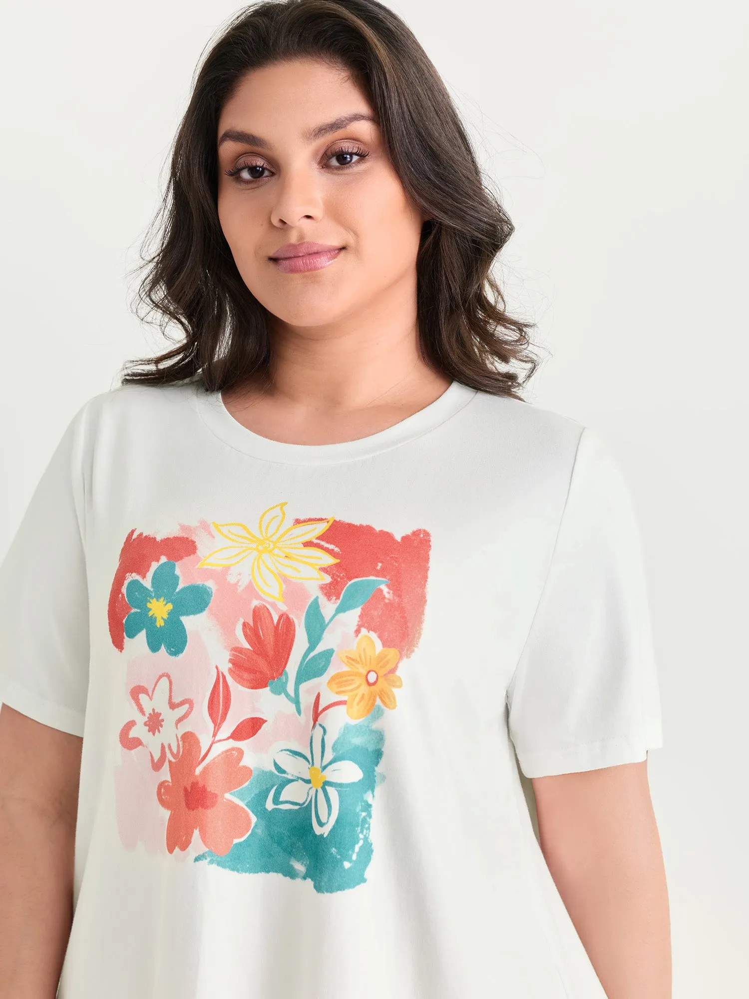 Cotton Colorful Floral Print Round Neck T-Shirt sold by Bloomchic