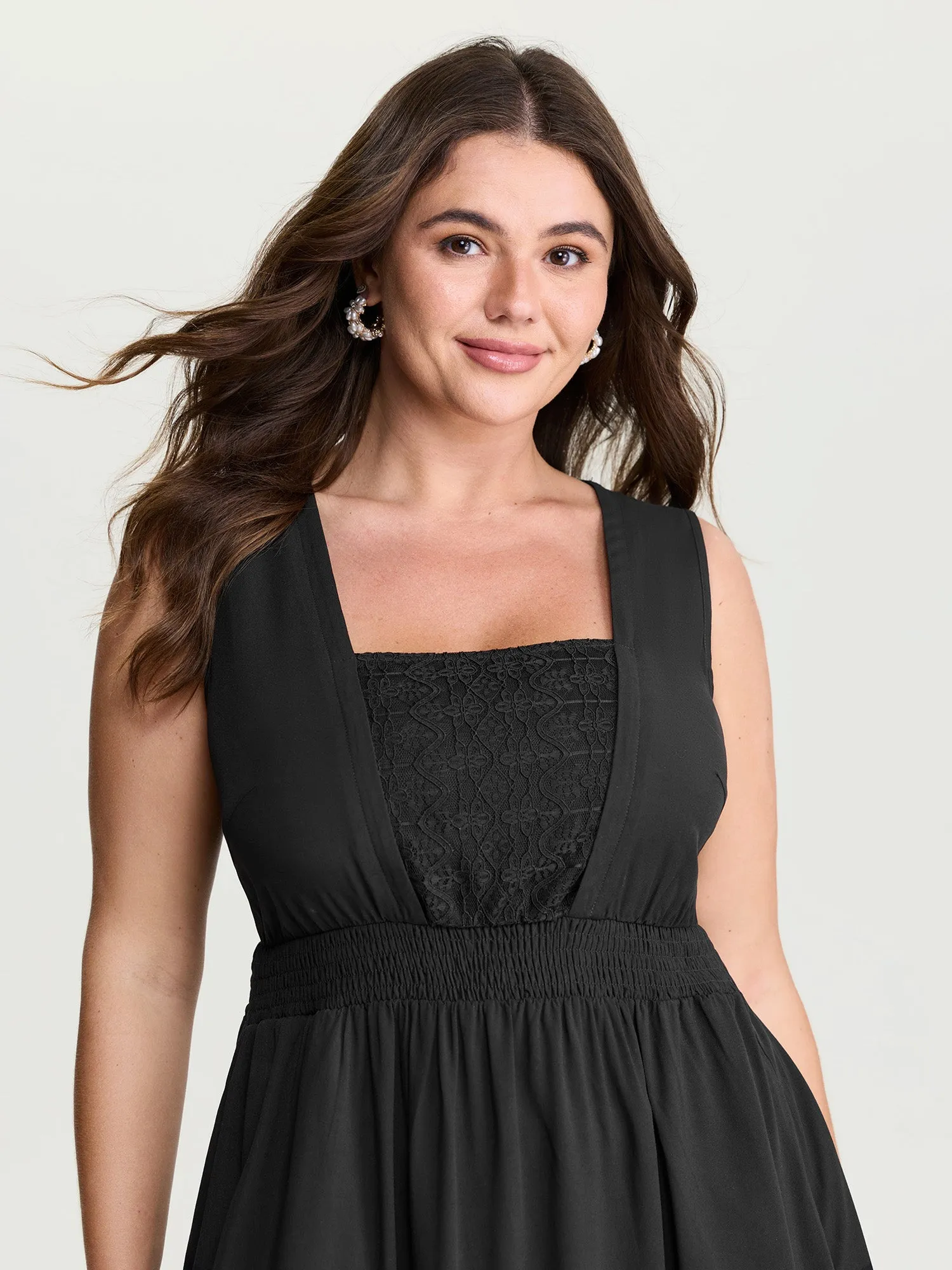 Lace Shirred Waist High Low Hem Midi Dress sold by Bloomchic product image thumbnail 3