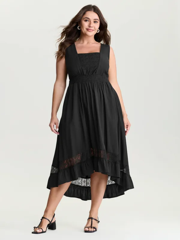 Lace Shirred Waist High Low Hem Midi Dress made by Bloomchic