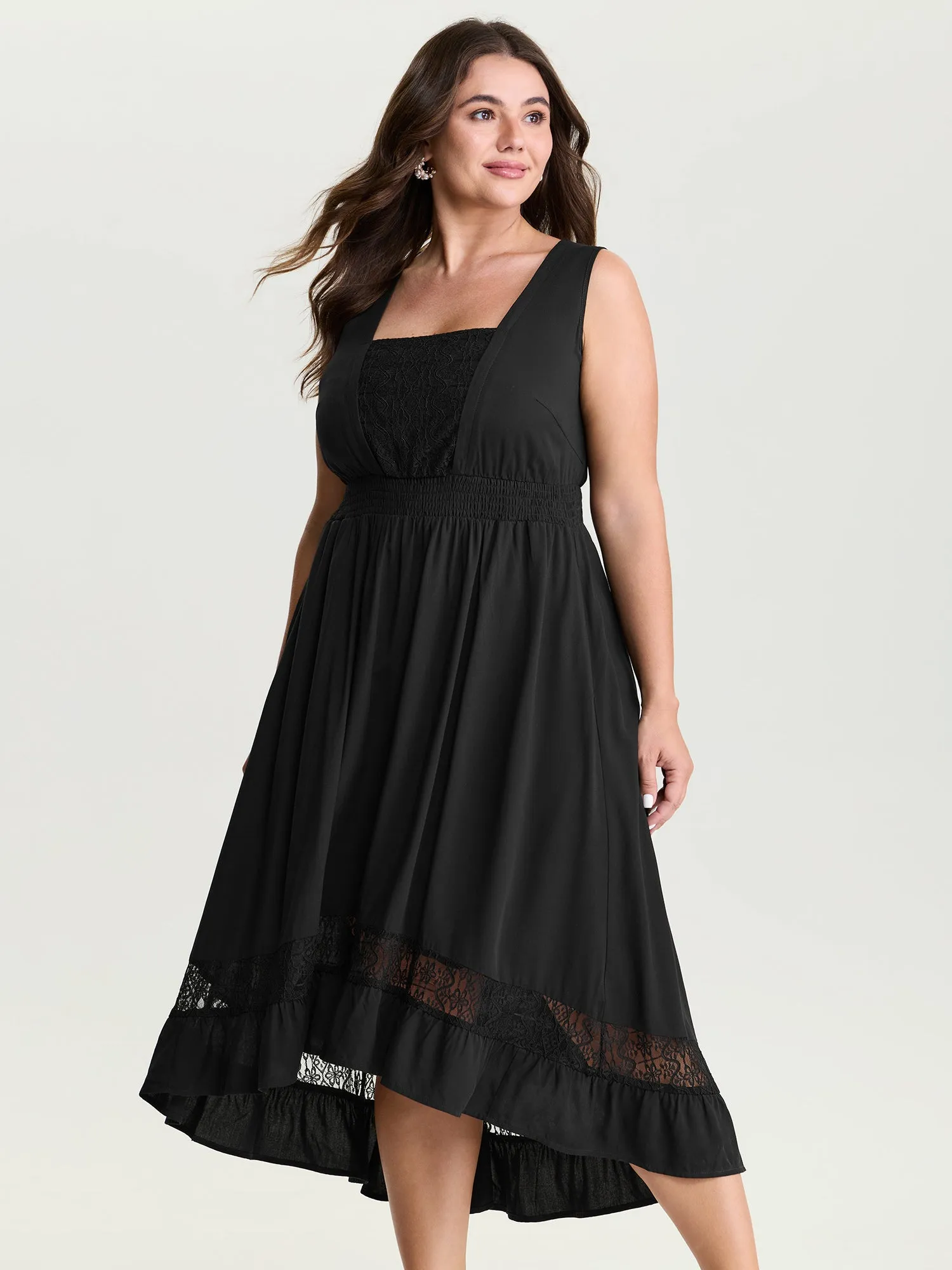 Lace Shirred Waist High Low Hem Midi Dress sold by Bloomchic product image thumbnail 2