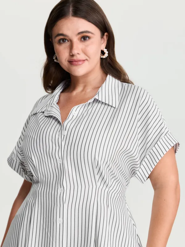 Striped Print Cinched-Waist Button-Down Shirt made by Bloomchic