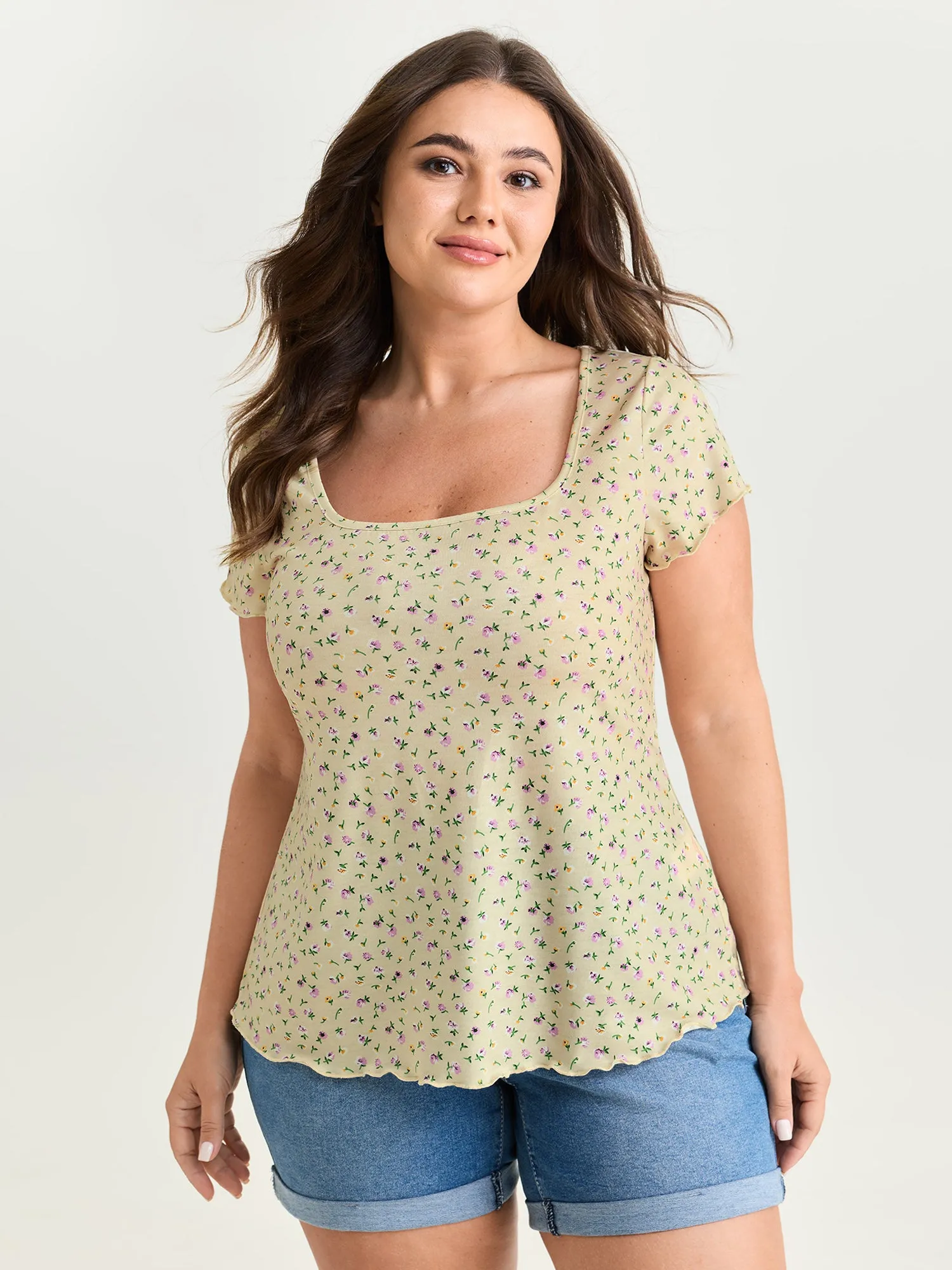 Stretchy Floral Print Square Neckline T-Shirt sold by Bloomchic