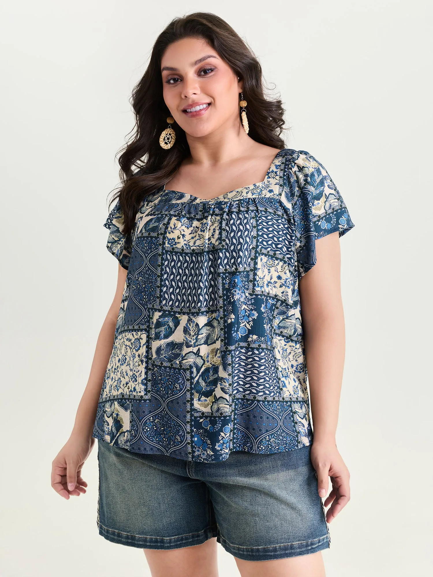 Collage Print Square Neckline Blouse sold by Bloomchic