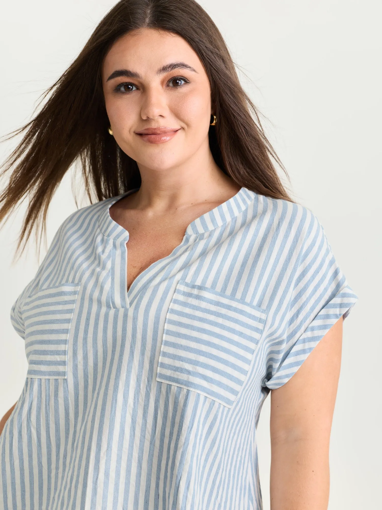 Cotton Striped Print Pockets Curvy Fit Blouse sold by Bloomchic product image thumbnail 2