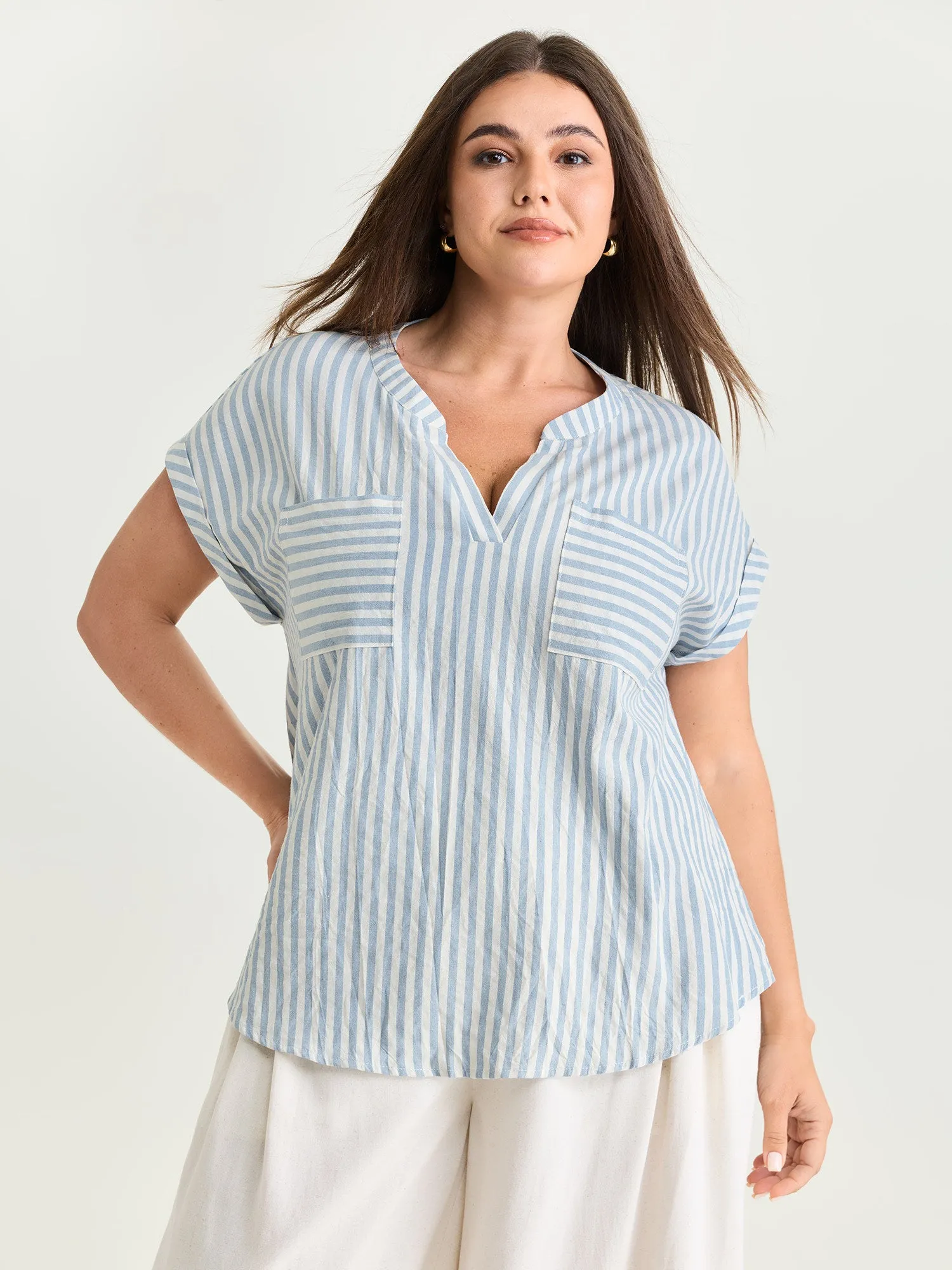 Cotton Striped Print Pockets Curvy Fit Blouse sold by Bloomchic