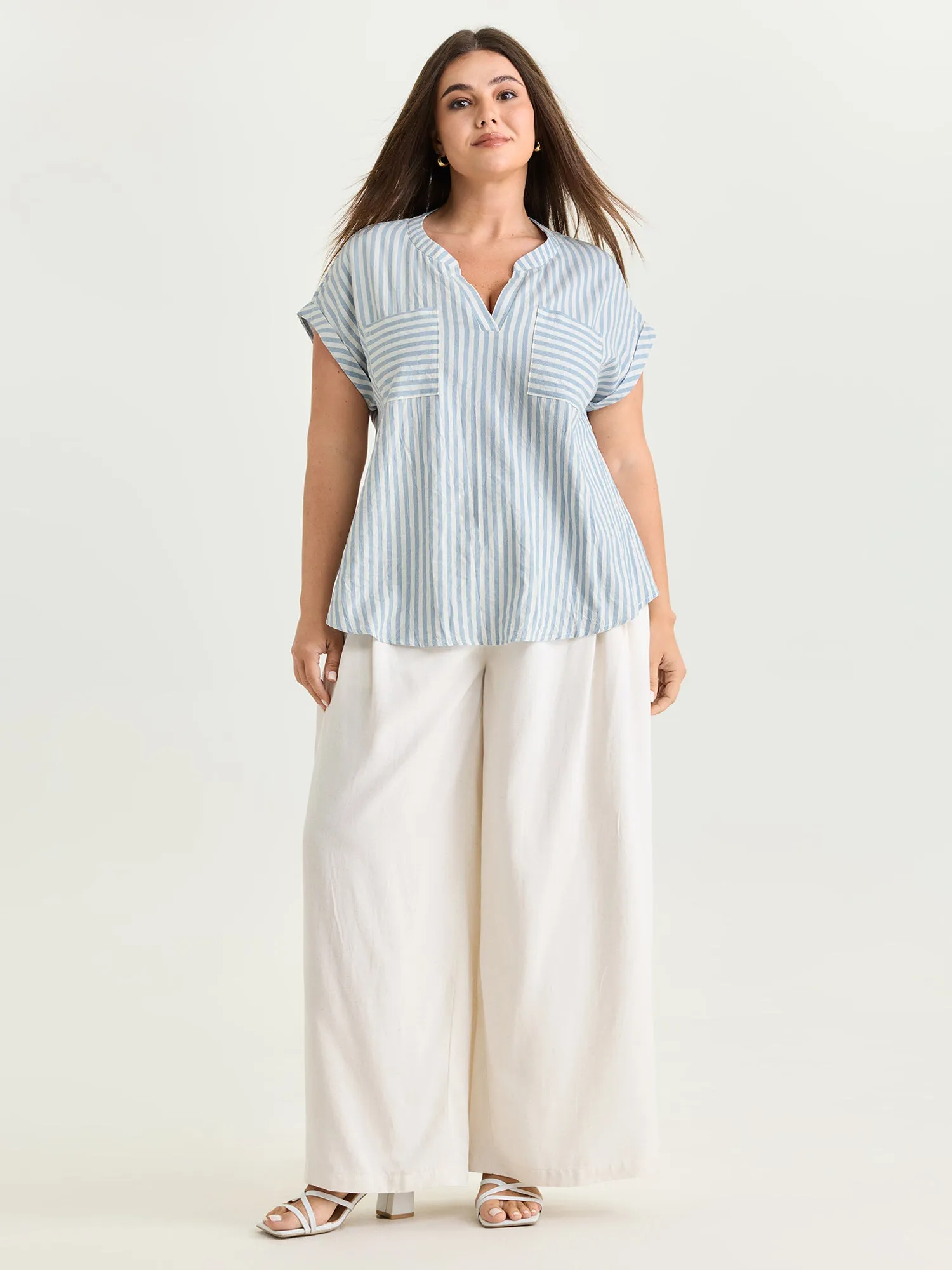 Cotton Striped Print Pockets Curvy Fit Blouse sold by Bloomchic product image thumbnail 3