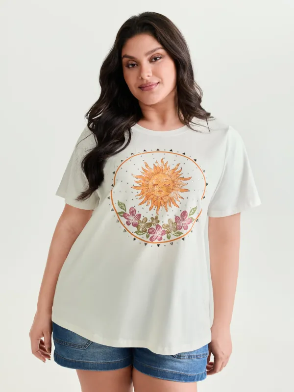Cotton Sunshine Floral Print Rhinestone T-Shirt made by Bloomchic