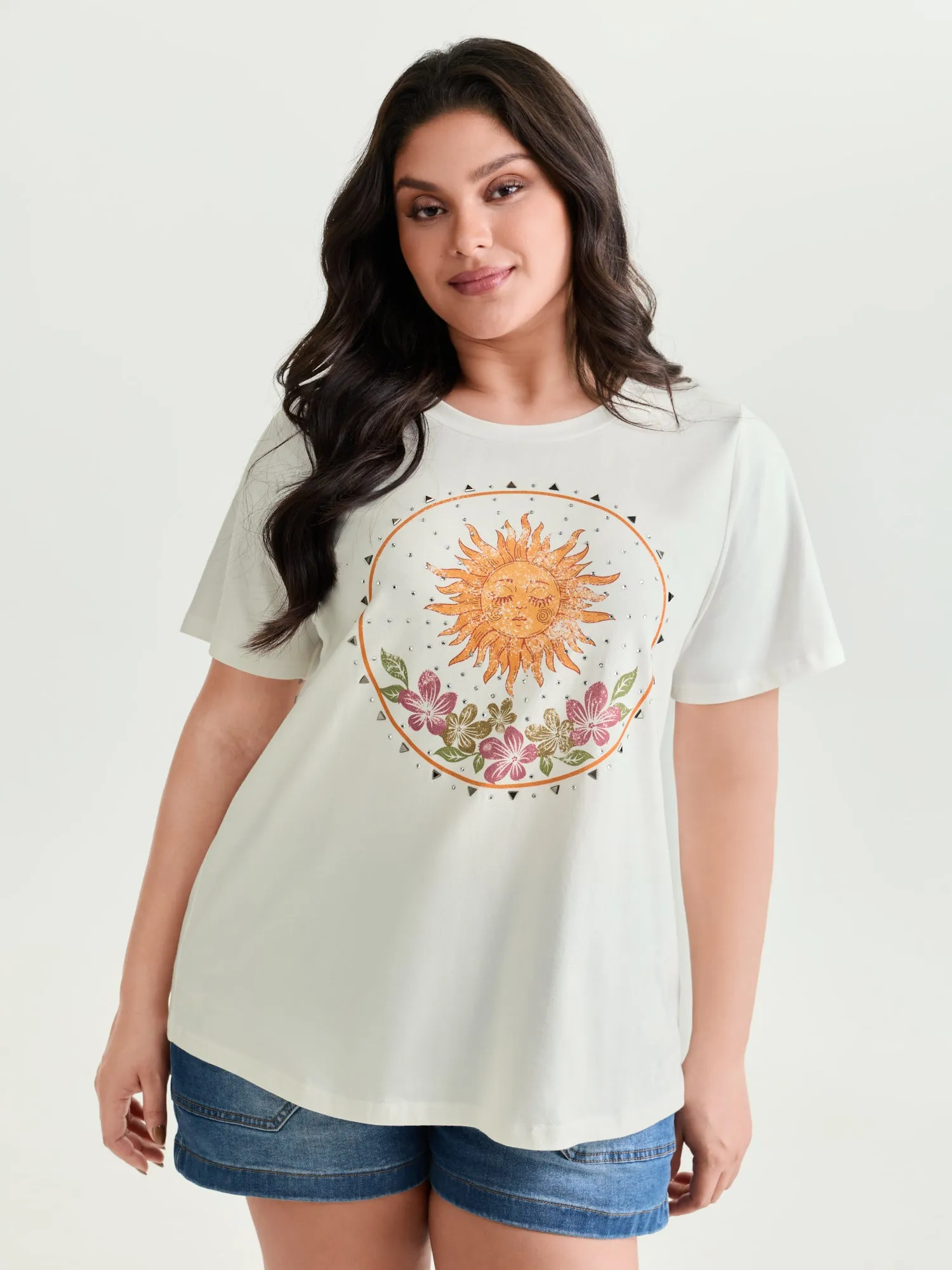 Cotton Sunshine Floral Print Rhinestone T-Shirt sold by Bloomchic