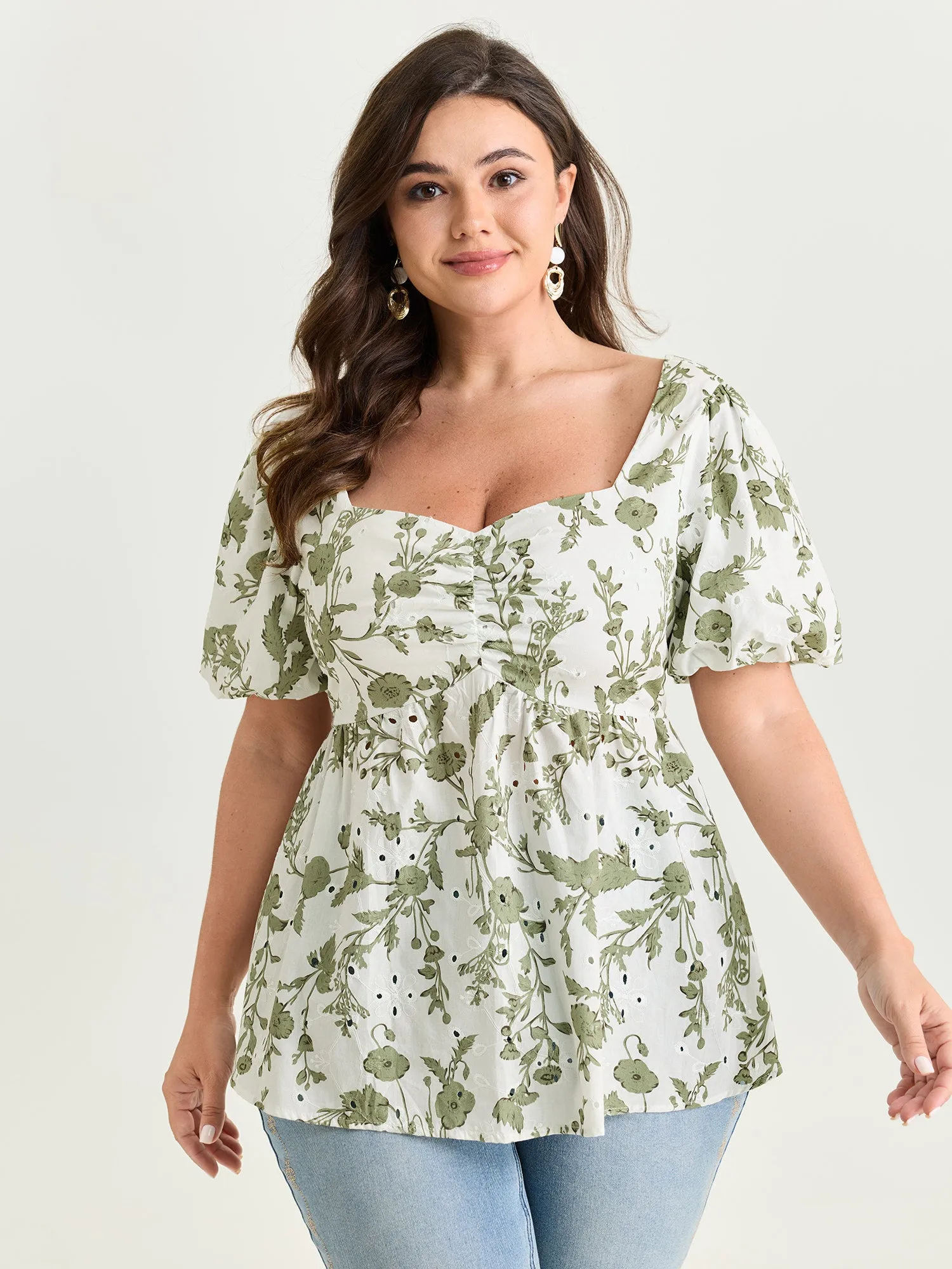 Cotton Floral Print Ruched Bubble Sleeve Blouse sold by Bloomchic