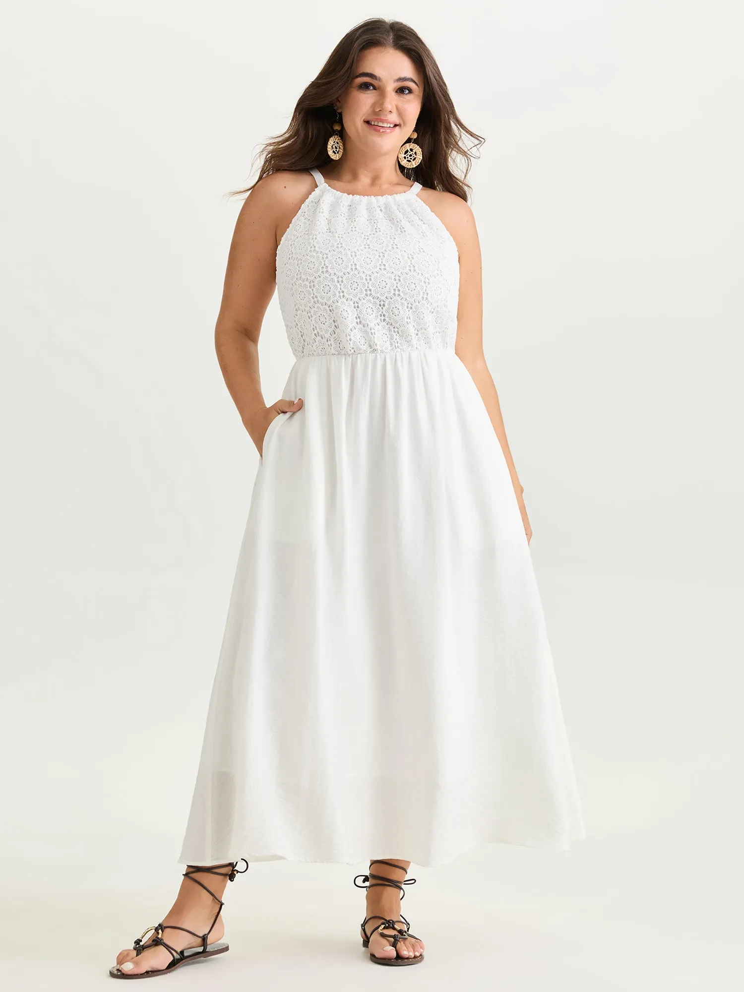 Lace Textured Halter Neckline Maxi Dress sold by Bloomchic