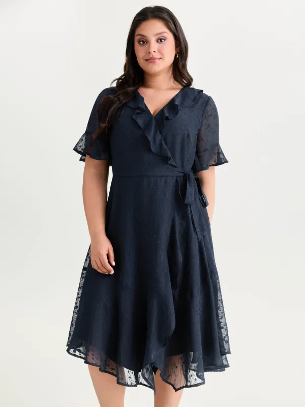 Ruffled Neckline Wrap Sheer Hem Midi Dress made by Bloomchic