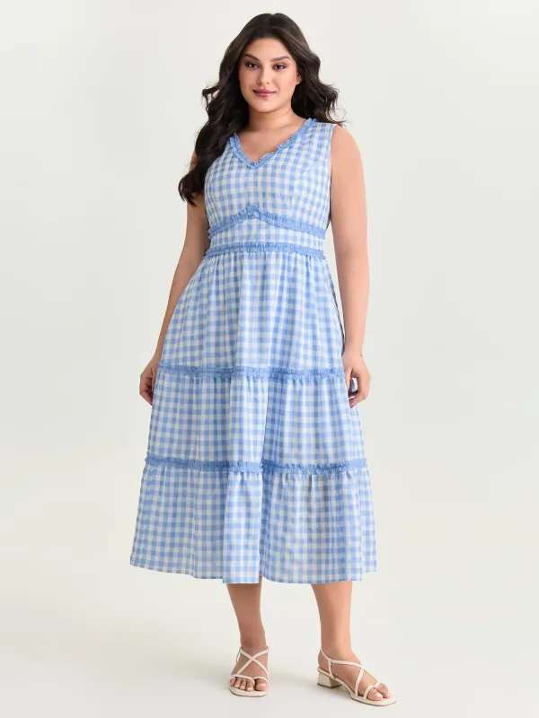 Gingham Print Tiered Shirred Midi Dress made by Bloomchic