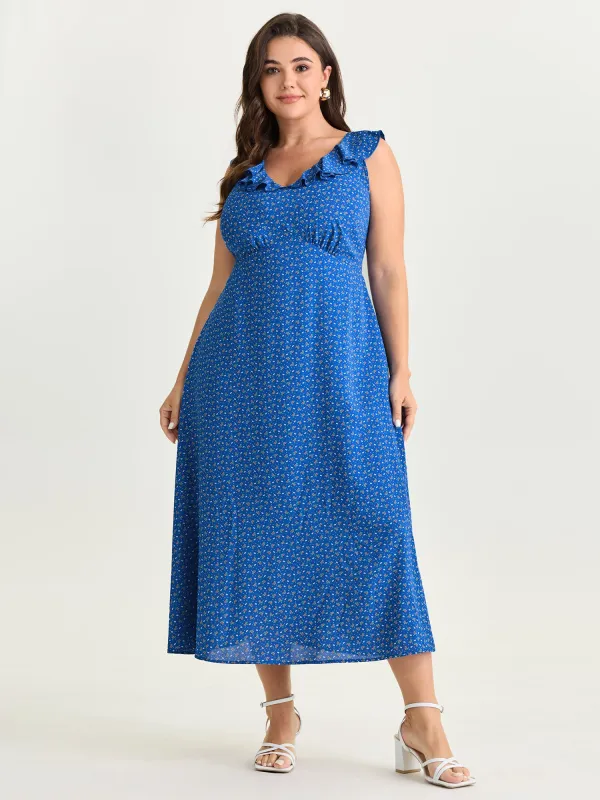 Ruffled Neckline Micro Floral Print Midi Dress made by Bloomchic