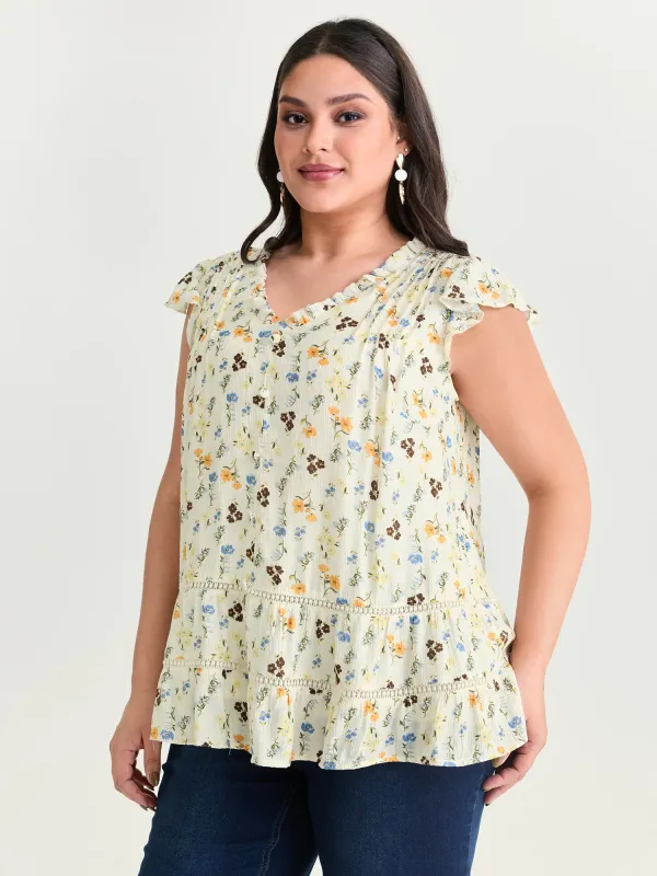 Floral Print Ruffled Detail Lace Blouse made by Bloomchic