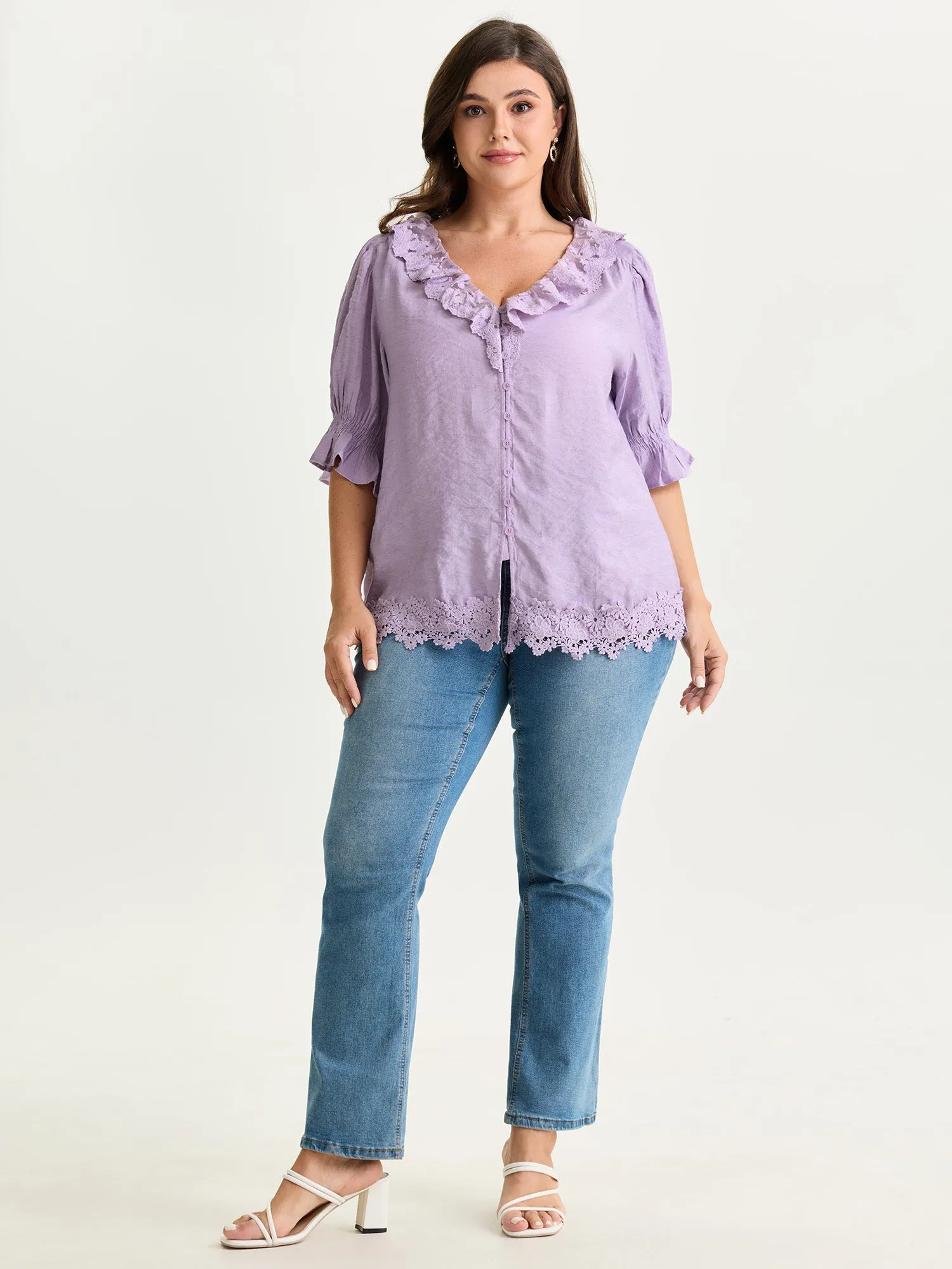 Ruffled Lace Neckline Button-Down Blouse sold by Bloomchic product image thumbnail 3