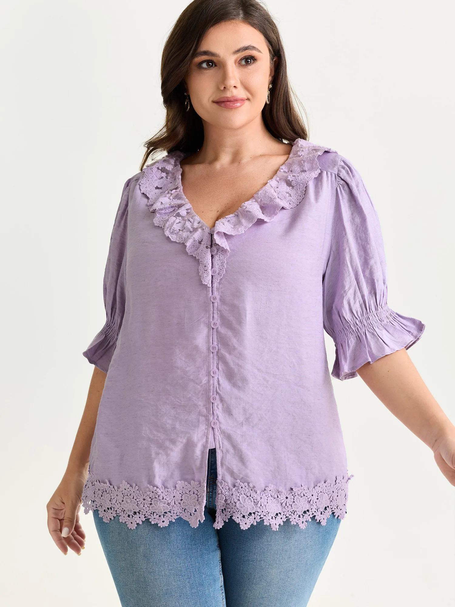 Ruffled Lace Neckline Button-Down Blouse sold by Bloomchic