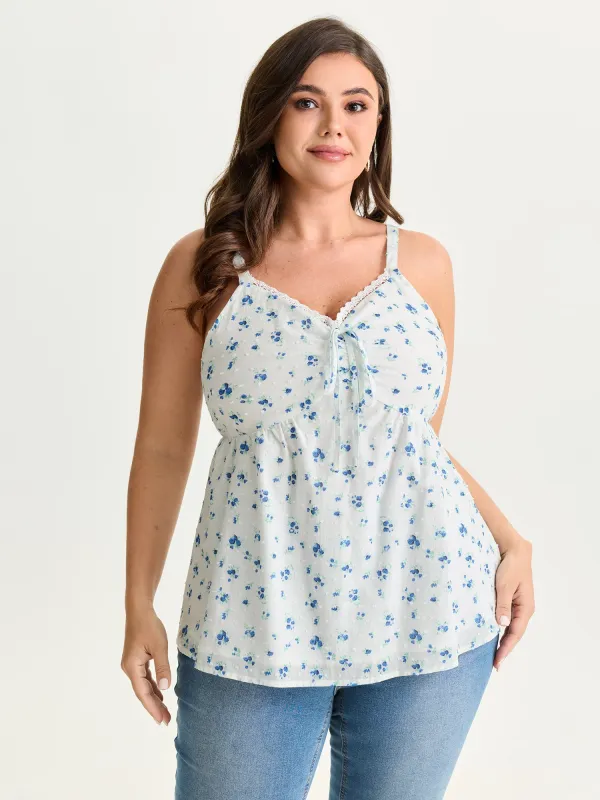 Cotton Floral Print Ruched Drawstring Neckline Tank Top made by Bloomchic
